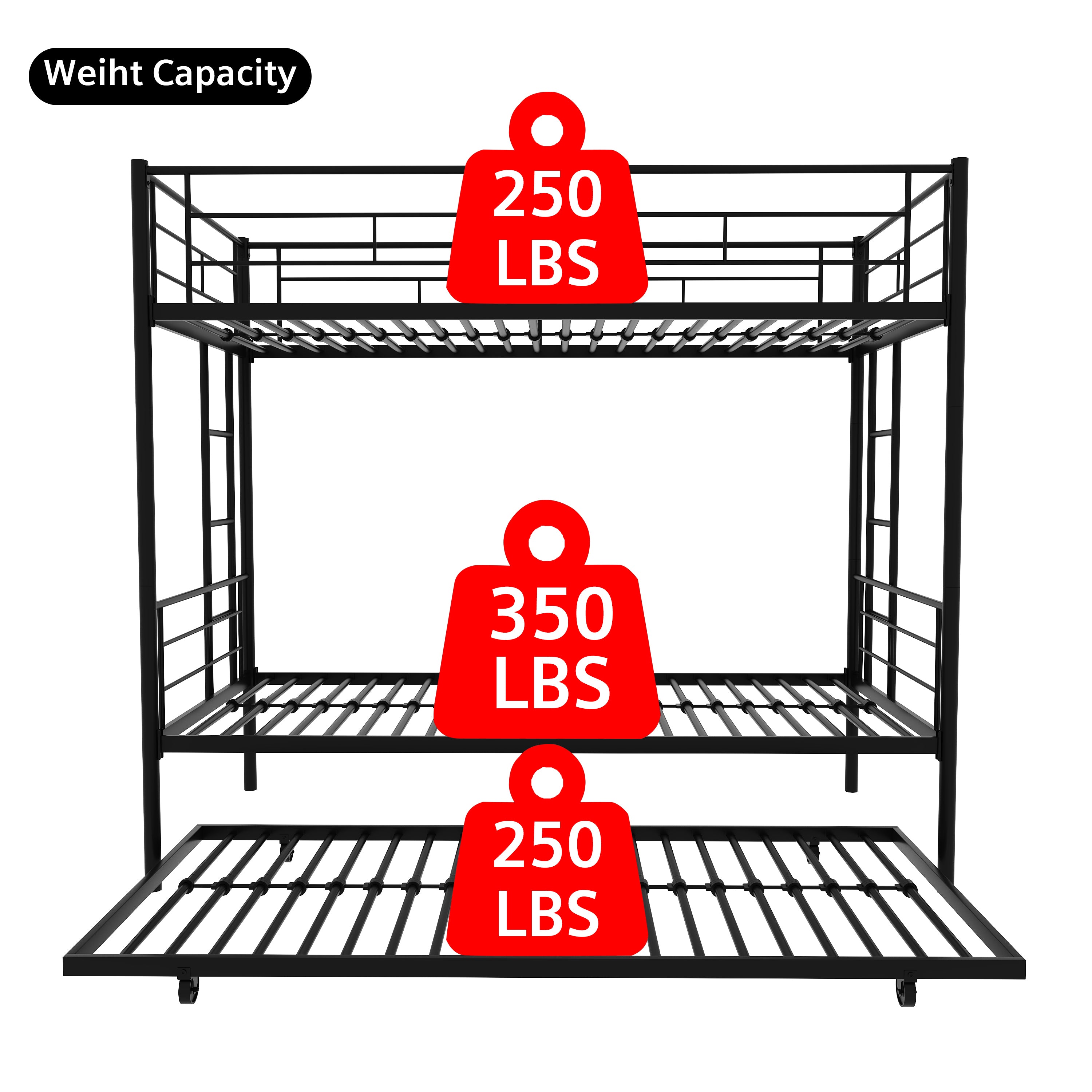 Twin Over Twin Metal Bunk Bed Frame with Trundle(Upgrade reinforcement version) - Atlantic Fine Furniture Melbourne FL