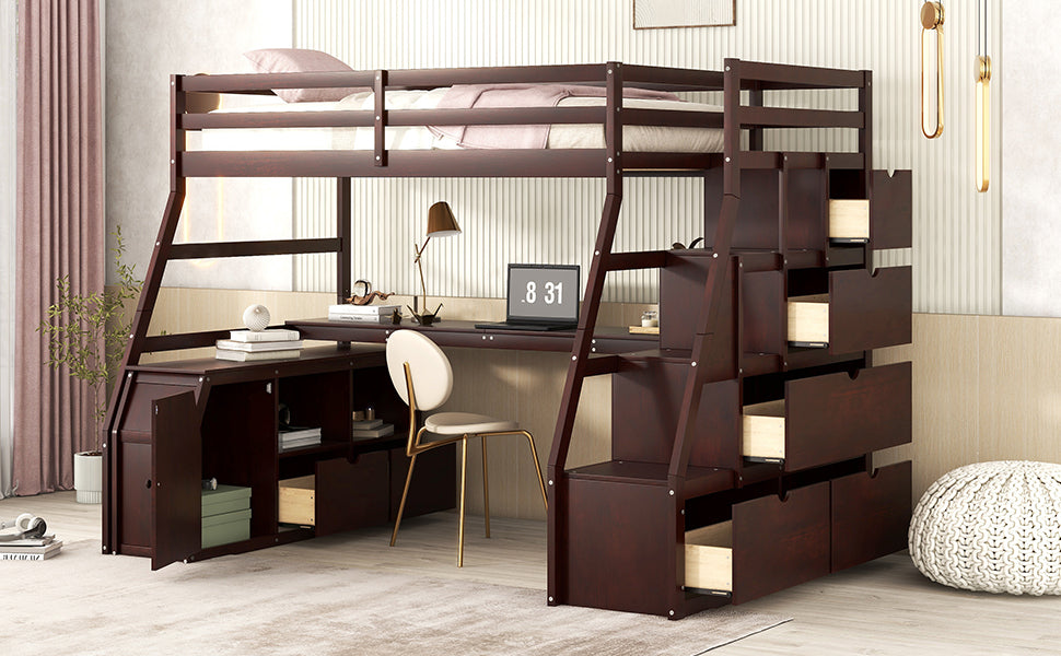 Twin Size Loft Bed with 7 Drawers 2 Shelves and Desk - Espresso - Atlantic Fine Furniture Melbourne FL