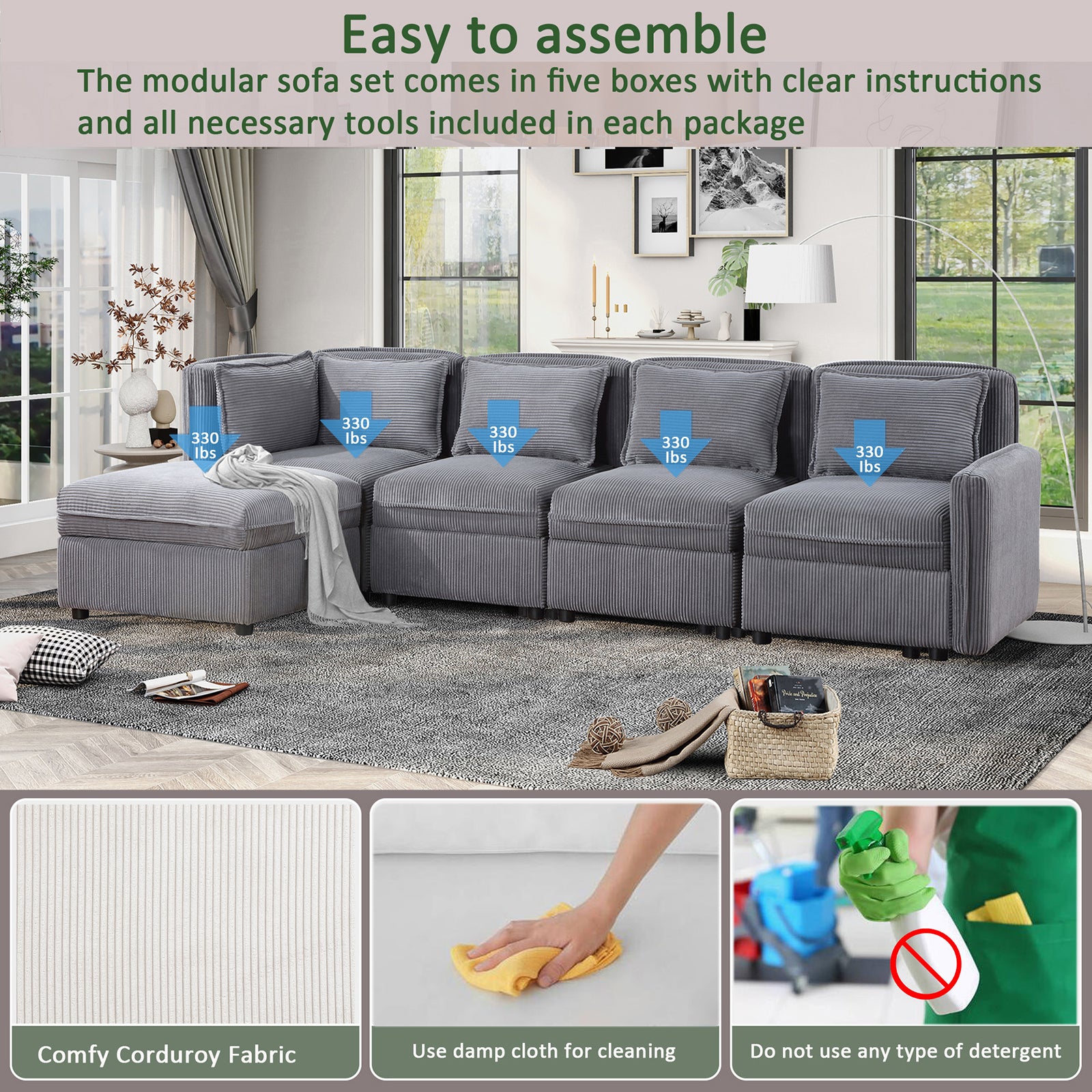 Modular Corduroy Sectional Sofa, Convertible L Shaped Couch Sofa with Storage, 5 Seat Sofa Couch for Living Room, Dark Gray