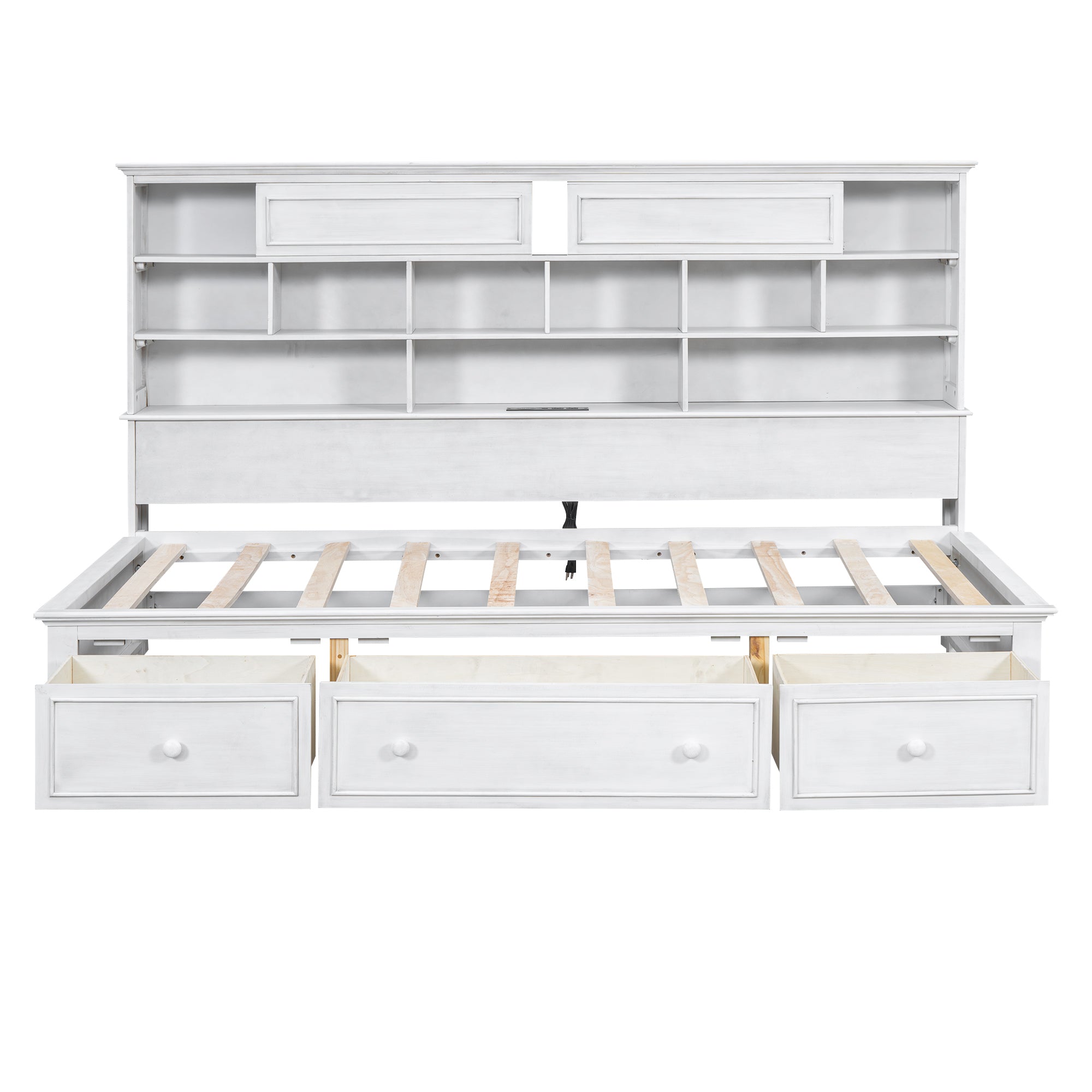 Twin Size Wood Daybed with Multi-Storage Shelves, Charging Station and 3 Drawers, Antique White - Atlantic Fine Furniture Melbourne FL