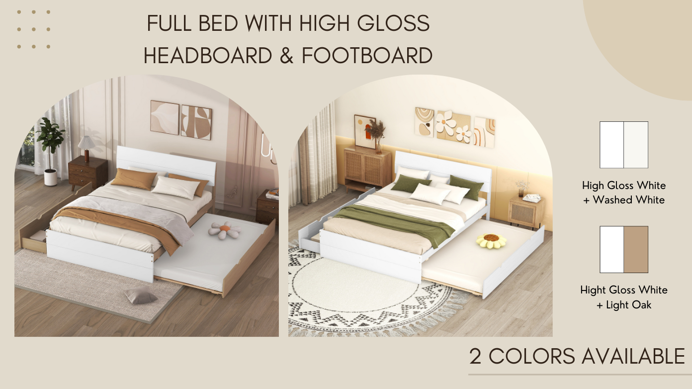 Modern Full Bed Frame With Twin Size Trundle And 2 Drawers For White High Gloss and Washed White Color