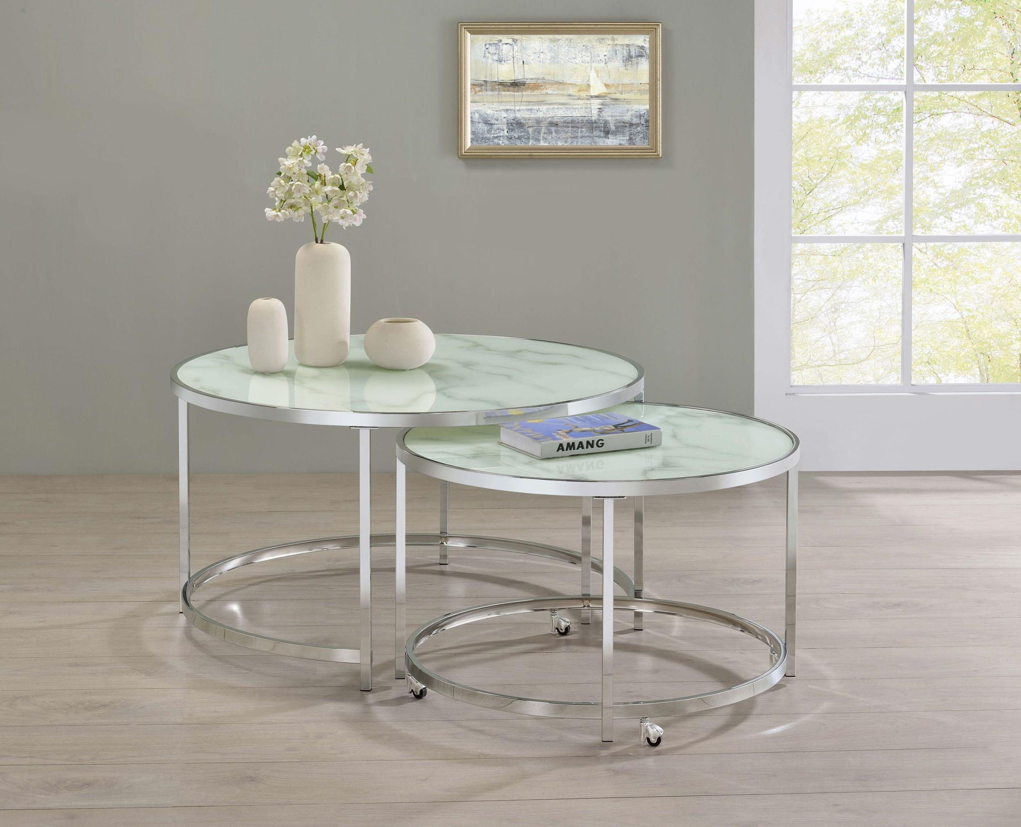 Lynn 2-piece Round Glass Top Nesting Coffee Table Chrome - Atlantic Fine Furniture Melbourne FL