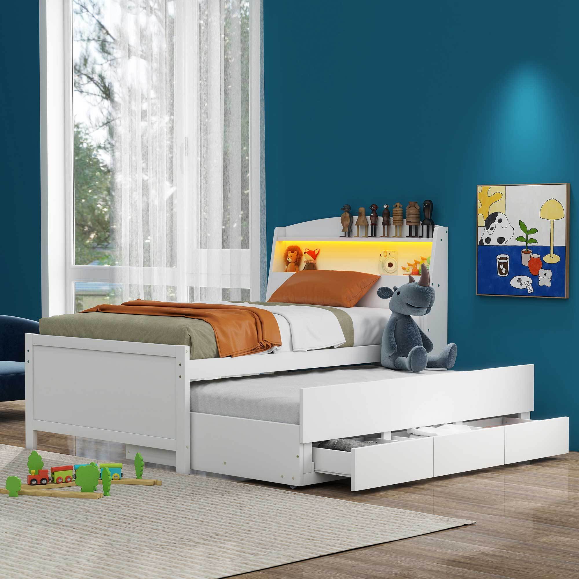 Twin Size Platform Bed with Storage LED Headboard, Twin Size Trundle and 3 Drawers, White - Atlantic Fine Furniture Melbourne FL
