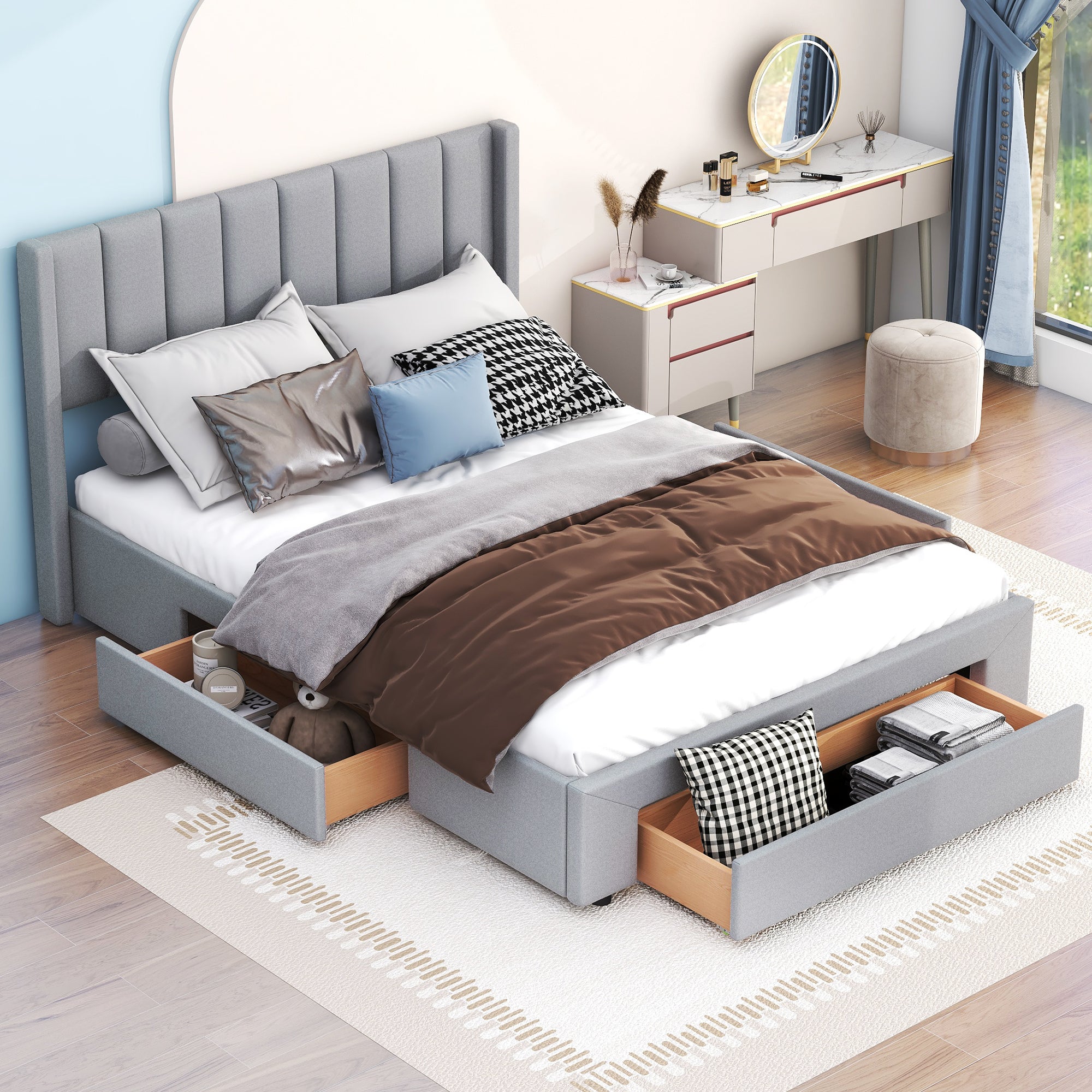 Queen Size Upholstered Platform Bed with One Large Drawer in the Footboard and Drawer on Each Side,Gray - Atlantic Fine Furniture Melbourne FL