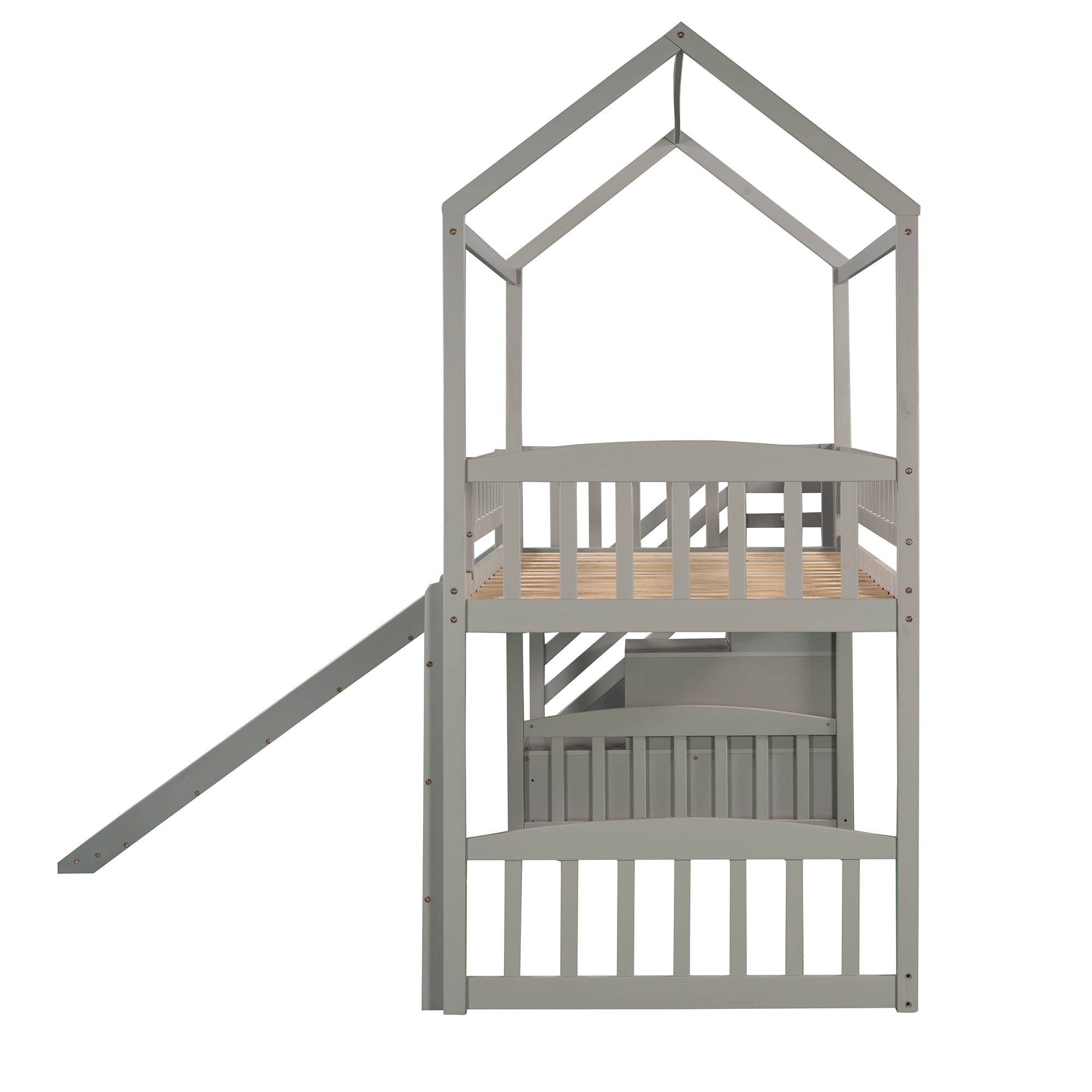 Twin Loft Bed with Two Drawers and Slide, House Bed with Slide, Gray (Old SKU: LP000130AAE)