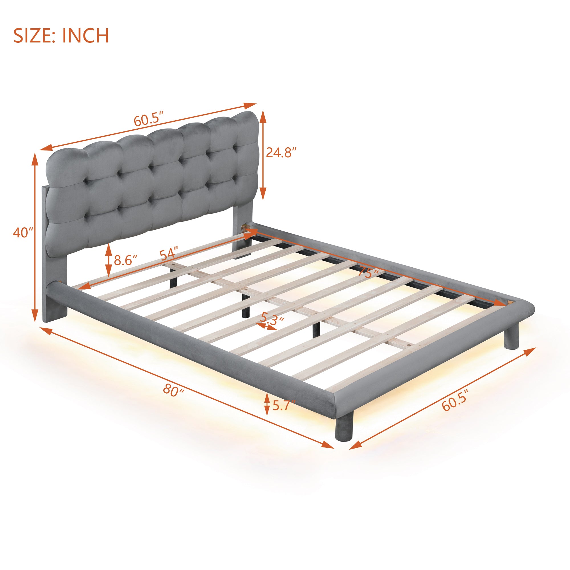 Full Size Velvet Platform Bed with LED Frame, Thick & Soft Fabric and Button-tufted Design Headboard, Gray - Atlantic Fine Furniture Melbourne FL
