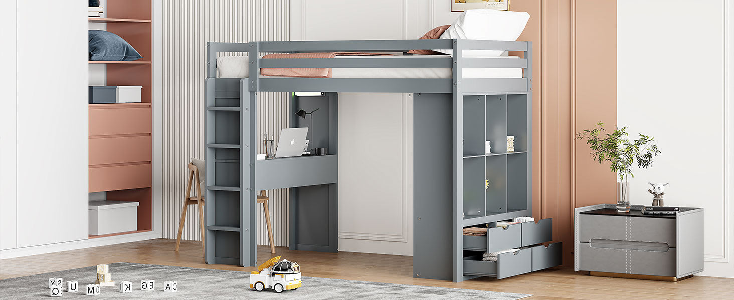 Twin Size Loft Bed with large shelves, writing desk and LED Light, Gray - Atlantic Fine Furniture Melbourne FL