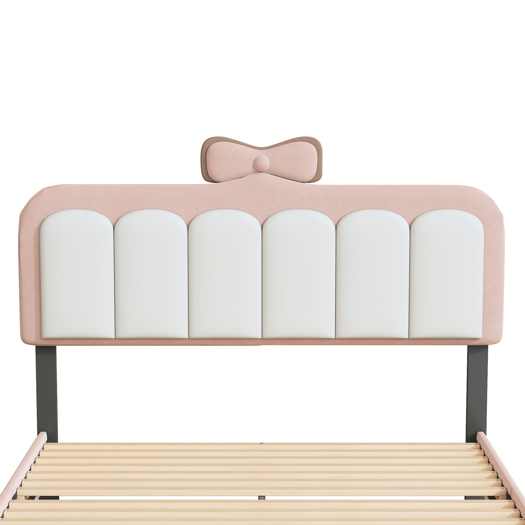 Full size Velvet Princess Bed With bow-knot Headboard,Full Size Platform Bed with Headboard and Footboard,White+Pink