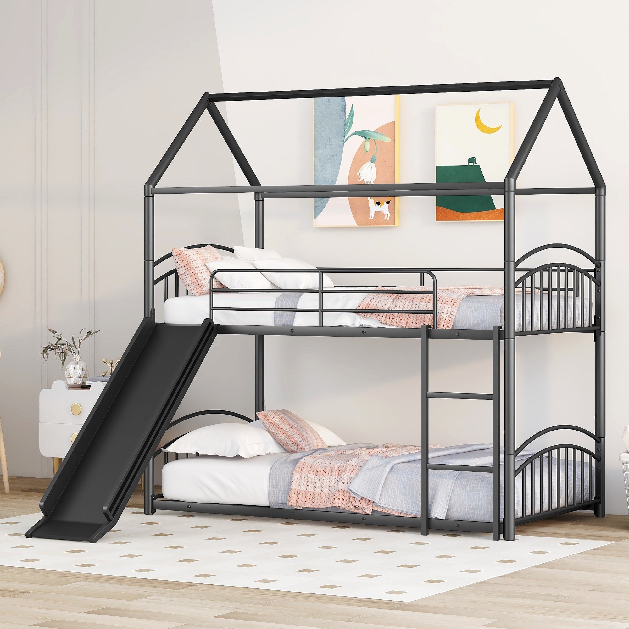 Twin Over Twin Metal Bunk Bed With Slide,Kids House Bed Black - Atlantic Fine Furniture Melbourne FL