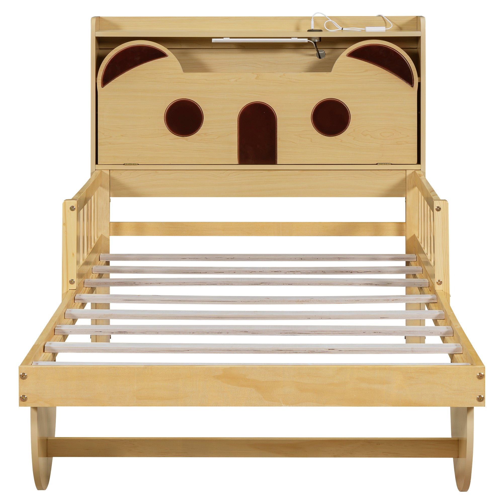 Twin Size Car Bed with Bear-Shaped Headboard, USB and LED, Natural - Atlantic Fine Furniture Melbourne FL