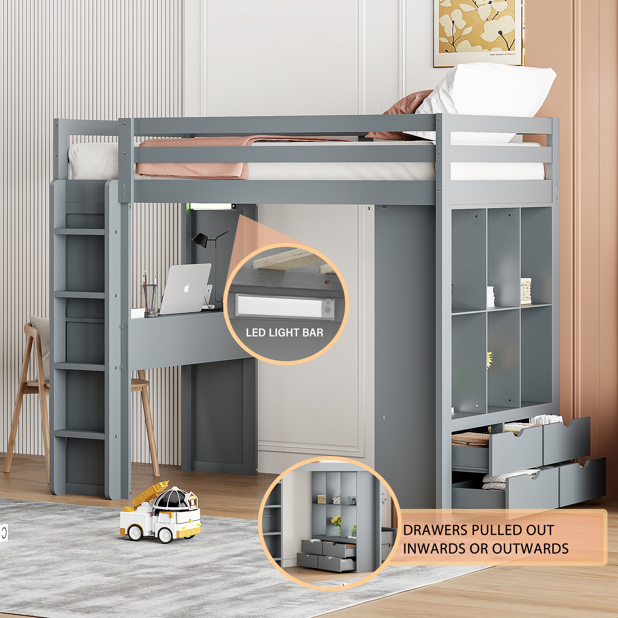 Twin Size Loft Bed with large shelves, writing desk and LED Light, Gray - Atlantic Fine Furniture Melbourne FL