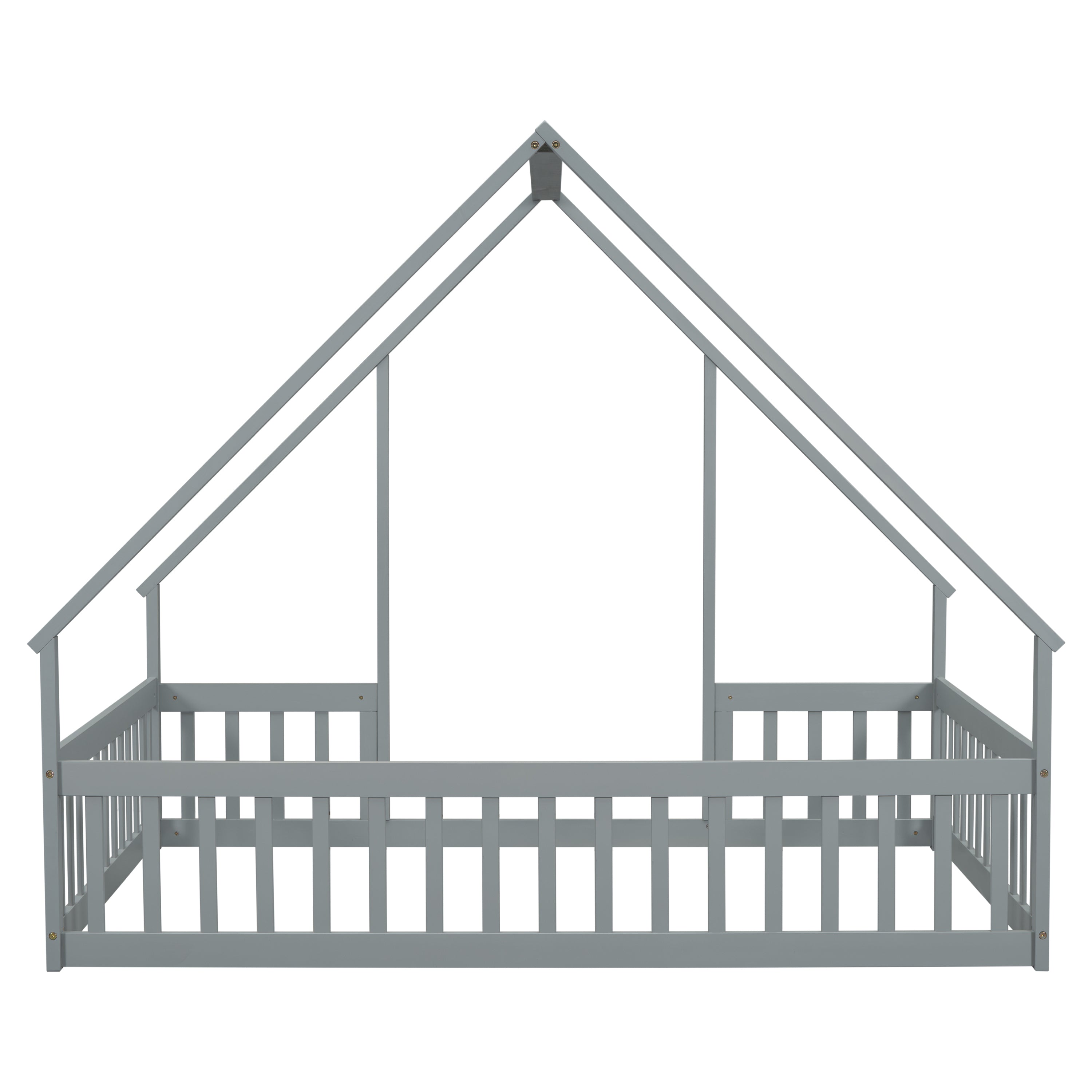 Full Wood House-Shaped Floor Bed with Fence, Guardrails,Grey
