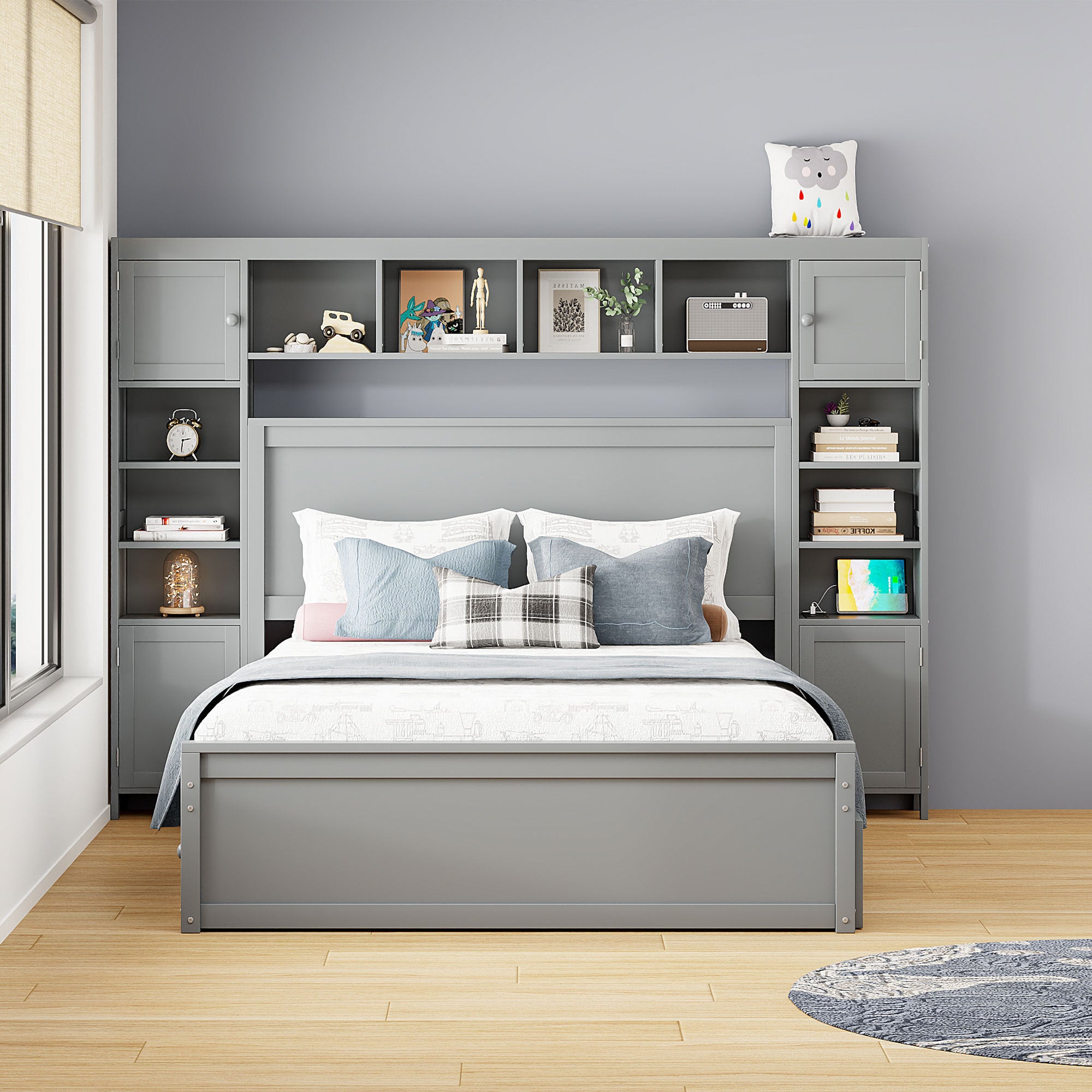 Queen Size Wooden Bed With All-in-One Cabinet, Shelf and Sockets, Gray - Atlantic Fine Furniture Melbourne FL