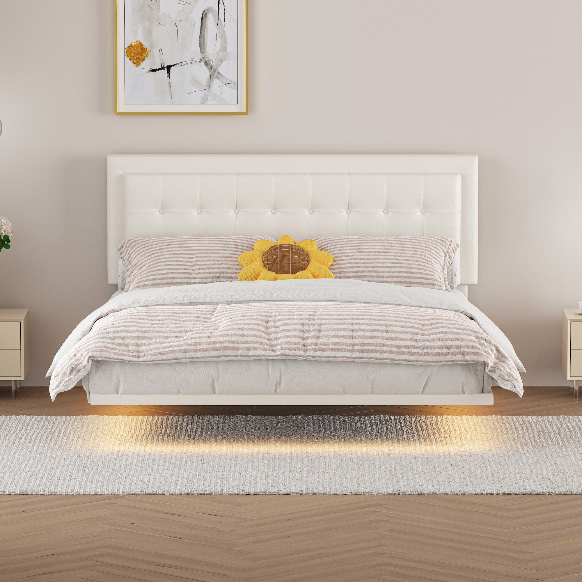 Queen Size Floating Bed Frame with Motion Activated Night Lights,Modern PU Upholstered Button Tufted Platform Bed Frame,White - Atlantic Fine Furniture Melbourne FL