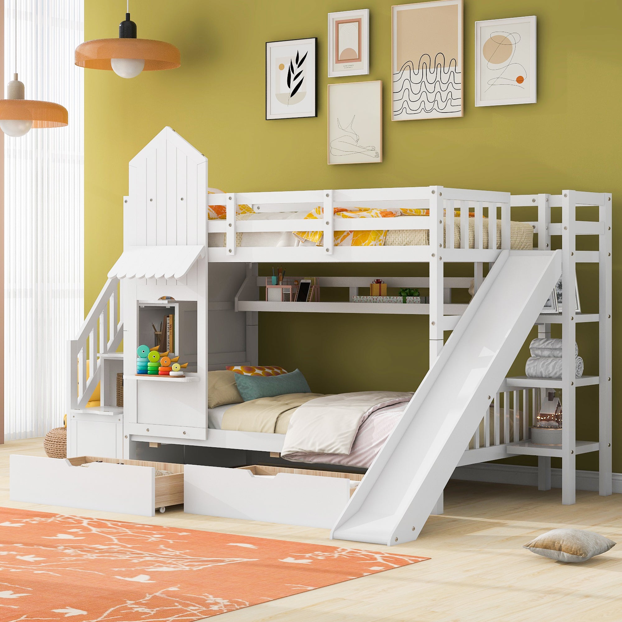 Twin-Over-Twin Castle Style Bunk Bed with 2 Drawers 3 Shelves and Slide - White - Atlantic Fine Furniture Melbourne FL