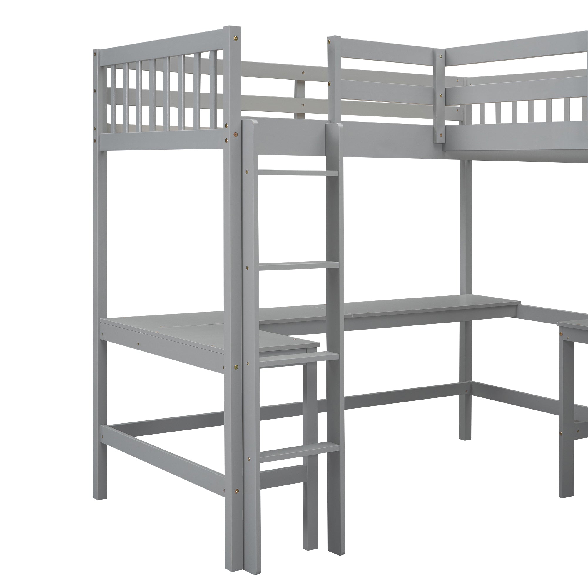Wood Twin Size L-Shaped Loft Bed with Ladder and 2 Built-in L-Shaped Desks, Gray - Atlantic Fine Furniture Melbourne FL