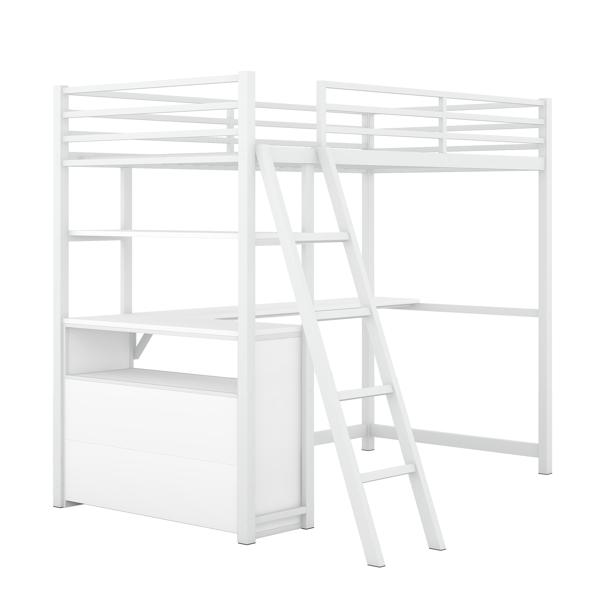 Twin Size Metal&Wood Loft Bed with Desk and Shelves, Two Built-in Drawers, White - Atlantic Fine Furniture Melbourne FL