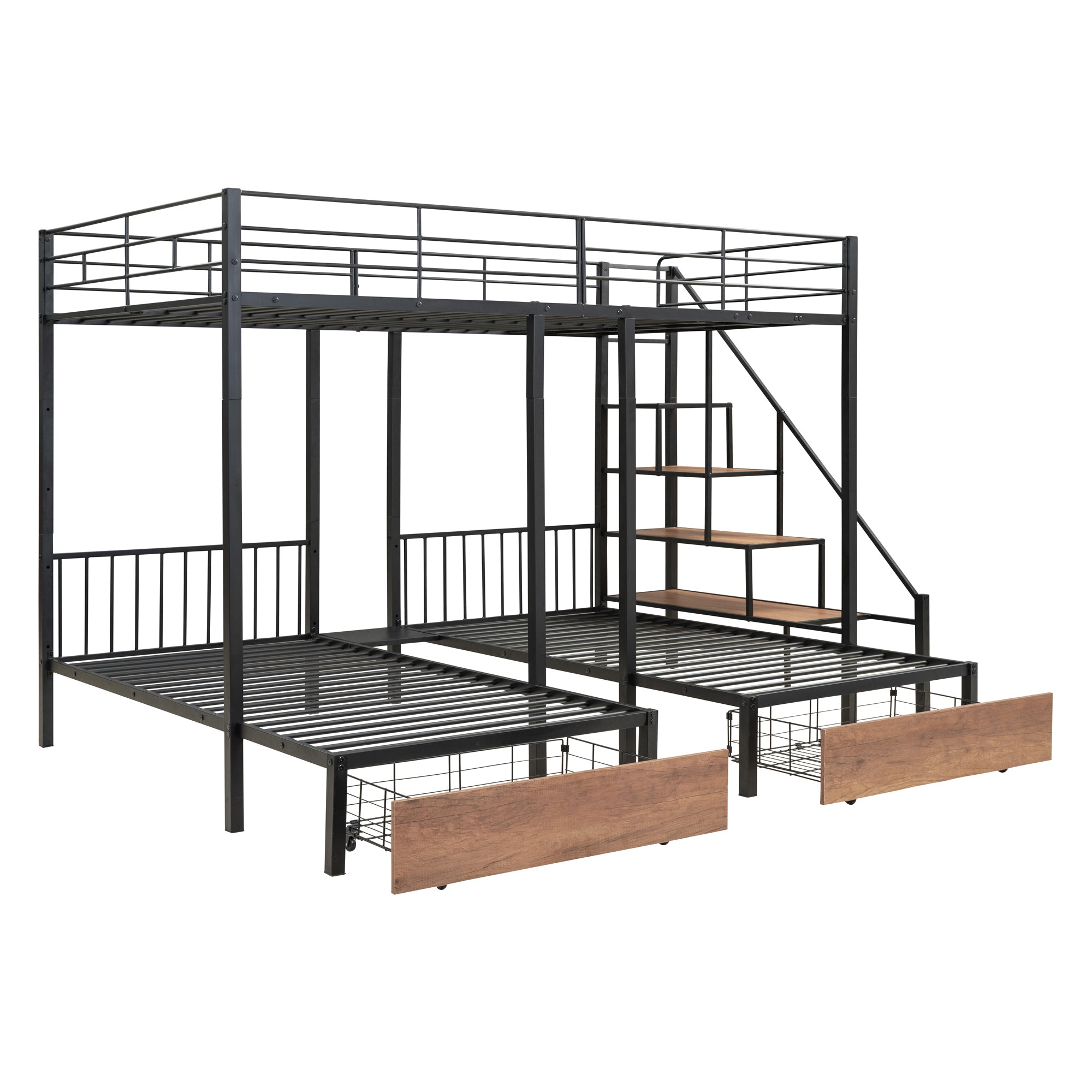 Full over Twin-Twin Triple bunk bed with drawers and staircase, Black - Atlantic Fine Furniture Melbourne FL