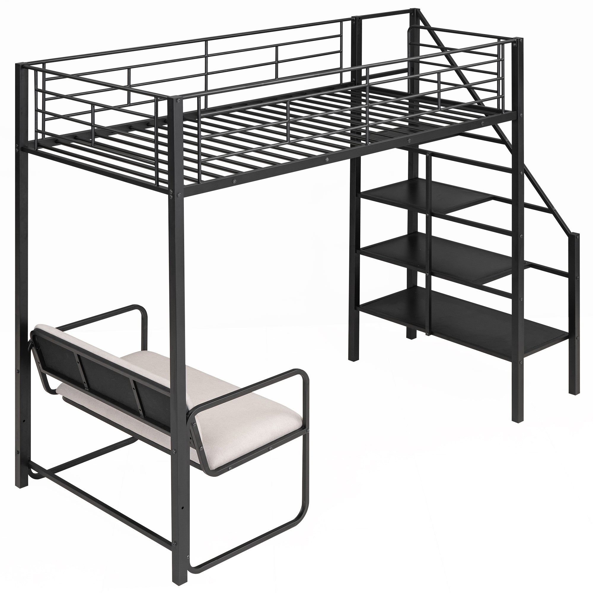 Twin Size Metal Loft Bed with Bench and Storage Staircase, Black - Atlantic Fine Furniture Melbourne FL