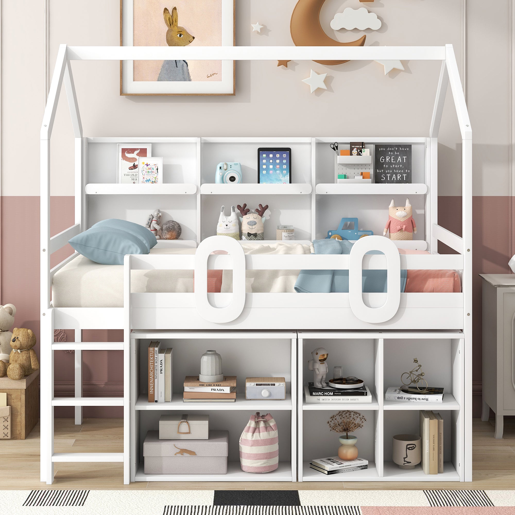 Twin Size House Loft Bed with Multiple Storage Shelves, White - Atlantic Fine Furniture Melbourne FL