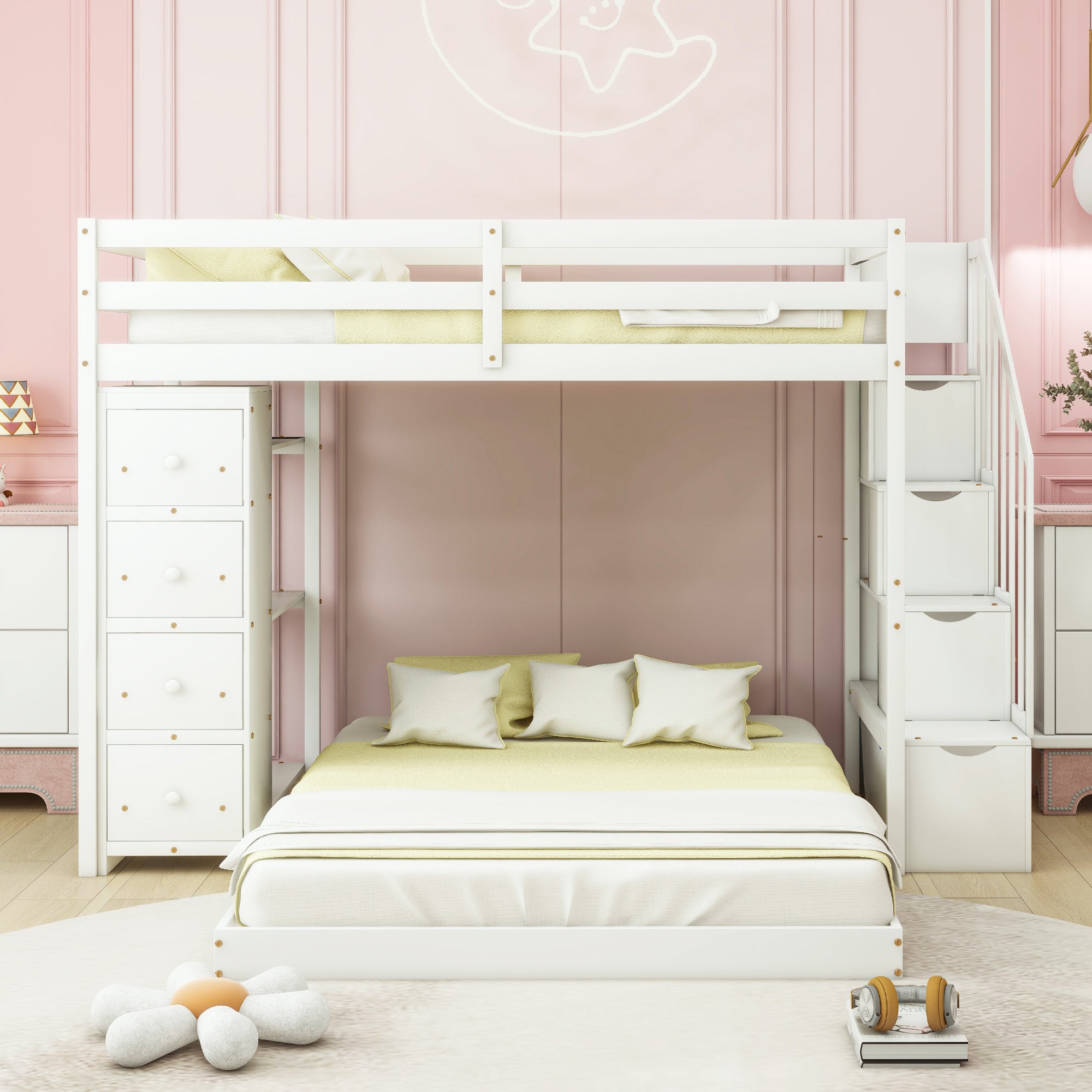 Twin Over Full Bunk Bed with 3-layer Shelves, Drawers and Storage Stairs, White - Atlantic Fine Furniture Melbourne FL
