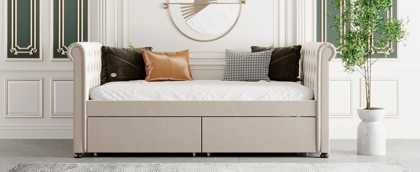 Twin Size Upholstered daybed with Drawers, Wood Slat Support, Beige(OLD SKU :LP000117AAA) - Atlantic Fine Furniture Melbourne FL