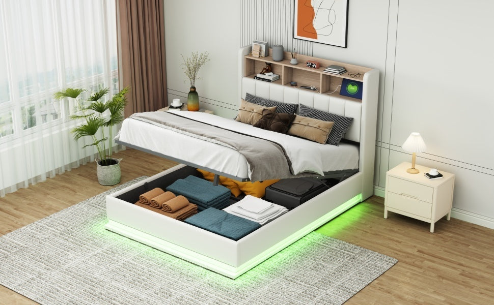 Full Size Upholstered Platform Bed with Storage Headboard and Hydraulic Storage System, PU Storage Bed with LED Lights and USB charger, White - Atlantic Fine Furniture Melbourne FL