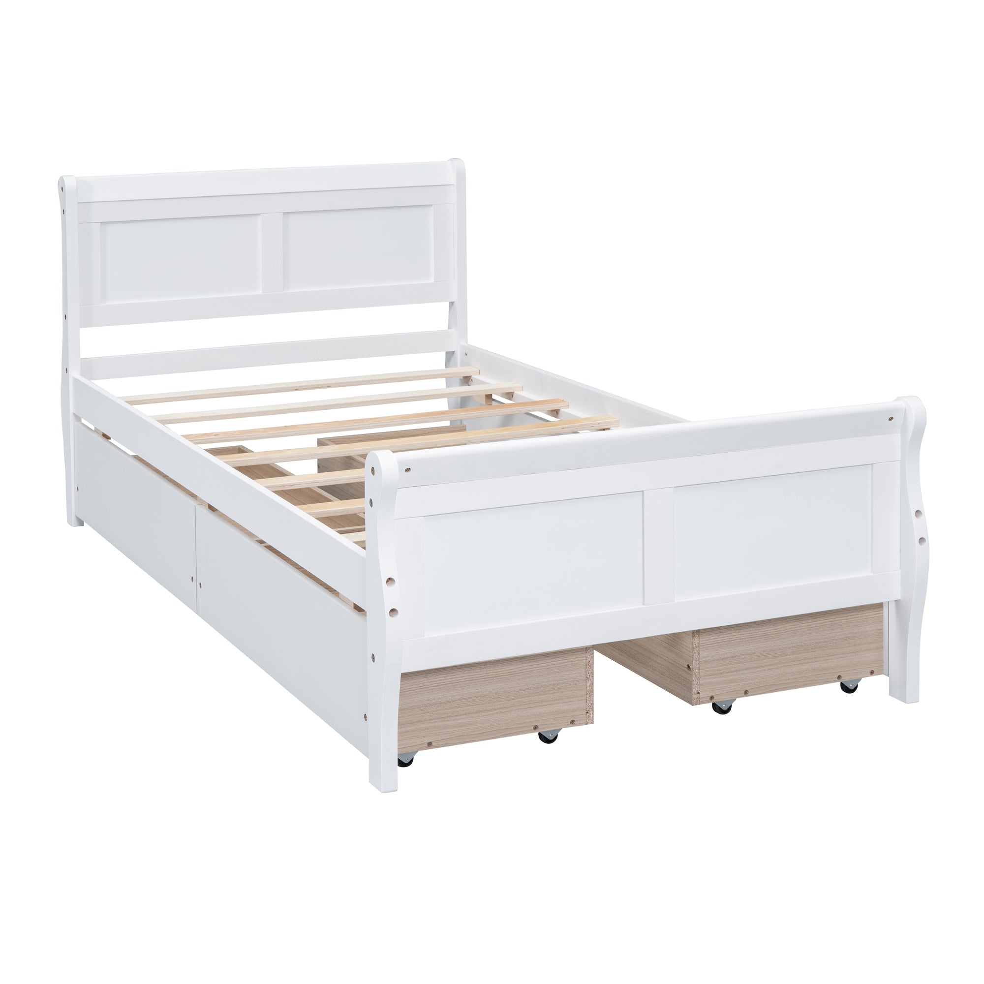 Twin Size Wood Platform Bed with 4 Drawers and Streamlined Headboard & Footboard, White - Atlantic Fine Furniture Melbourne FL