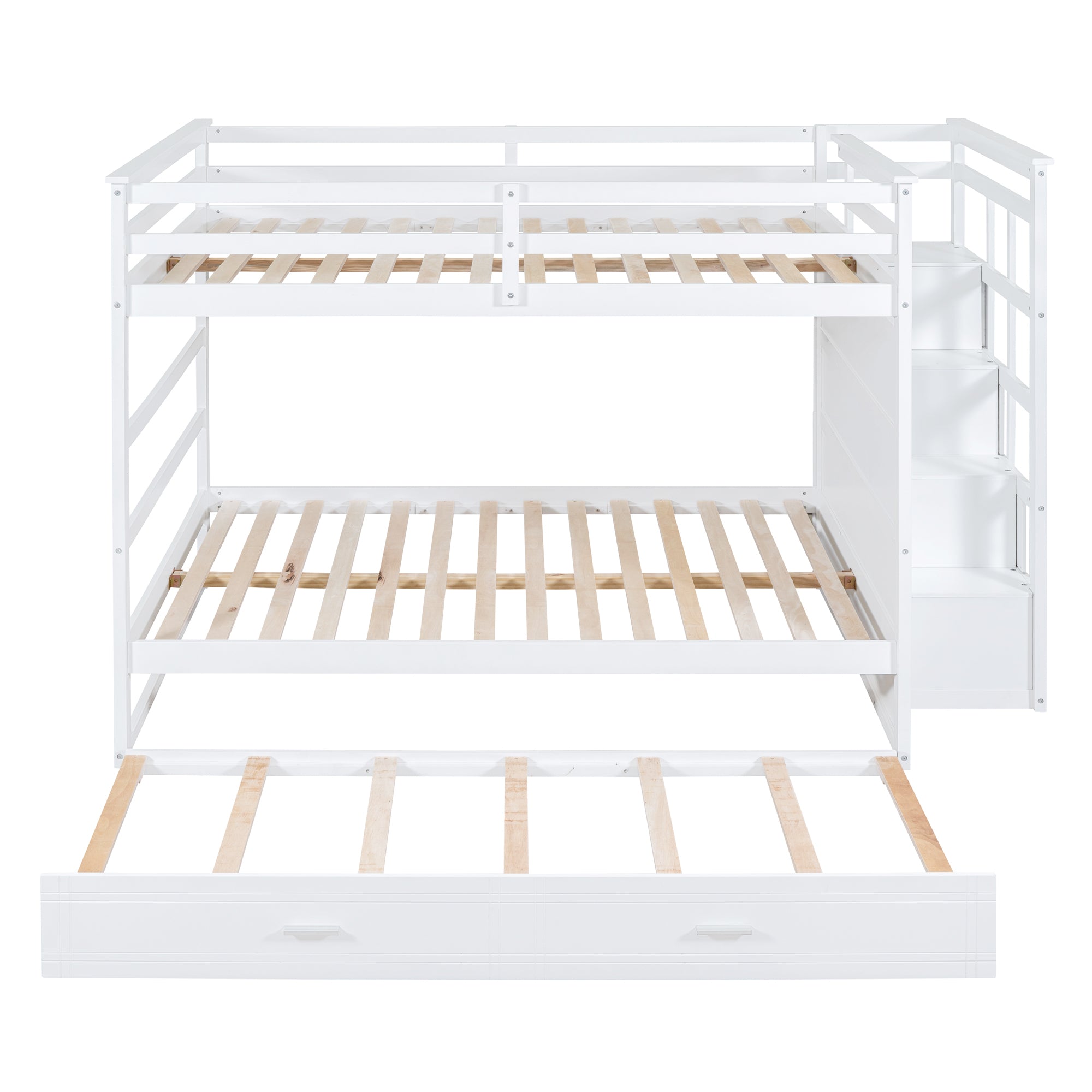 Full Over Full Bunk Bed with Twin Size Trundle and Staircase, White - Atlantic Fine Furniture Melbourne FL