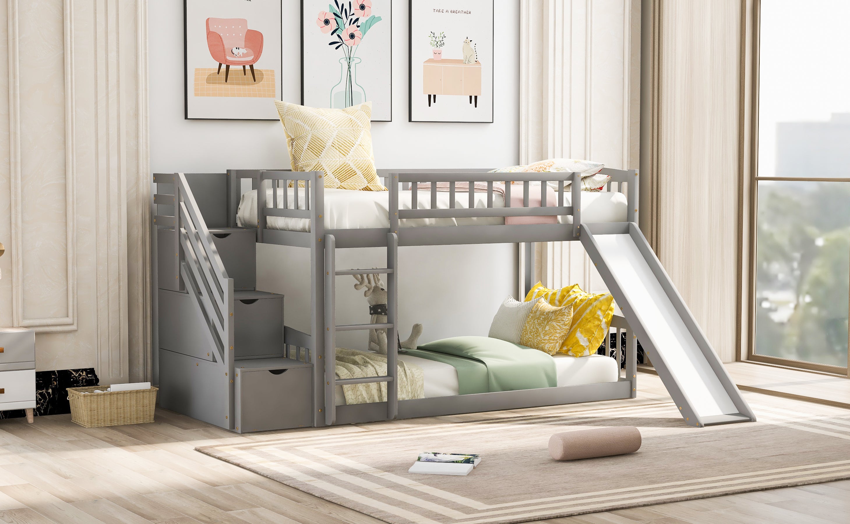 Stairway Twin over Twin Bunk Bed with Two Drawers and Slide, Gray(OLD SKU :LT000155AAE) - Atlantic Fine Furniture Melbourne FL