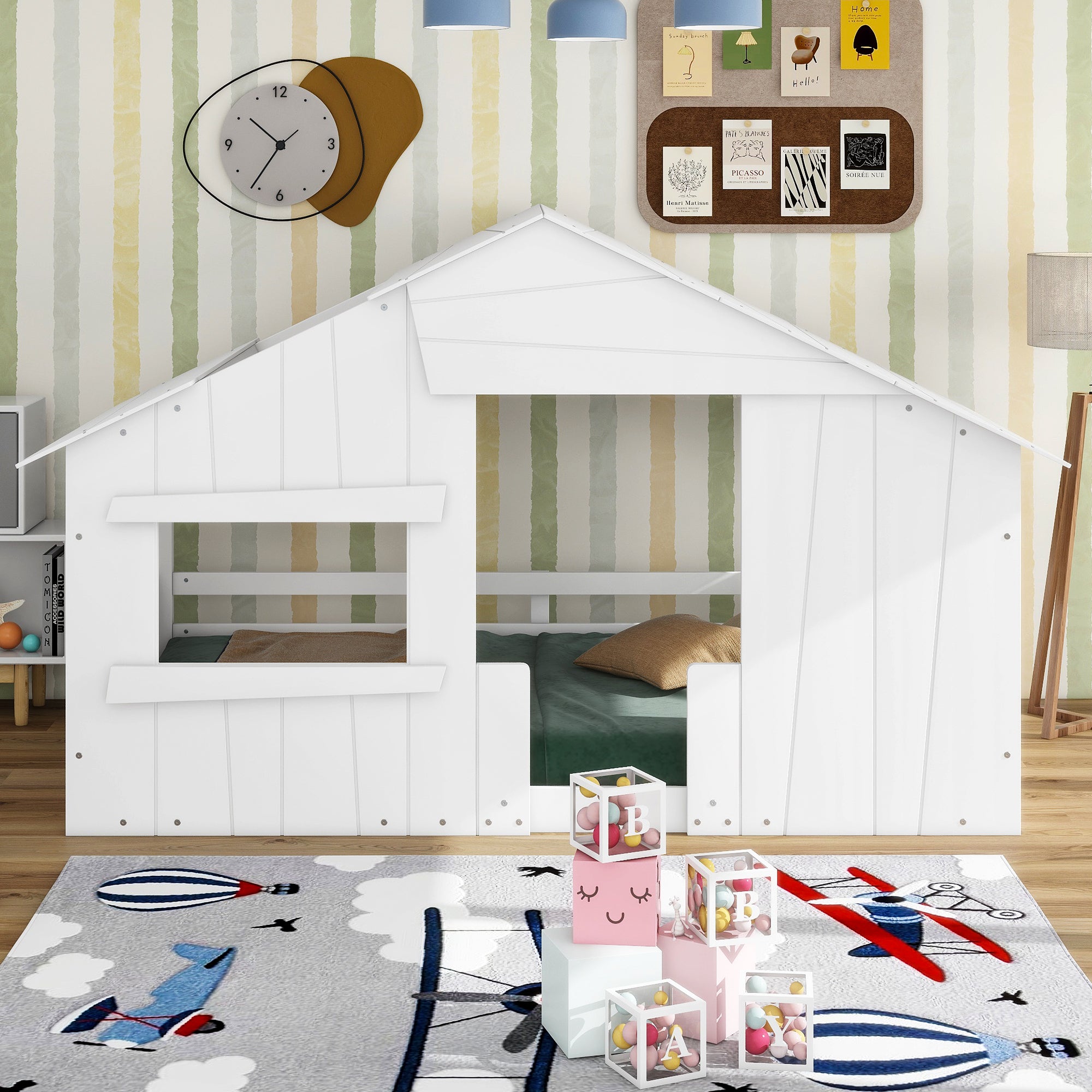 Wood Twin Size House Bed with Roof, Window and Guardrail, White - Atlantic Fine Furniture Melbourne FL