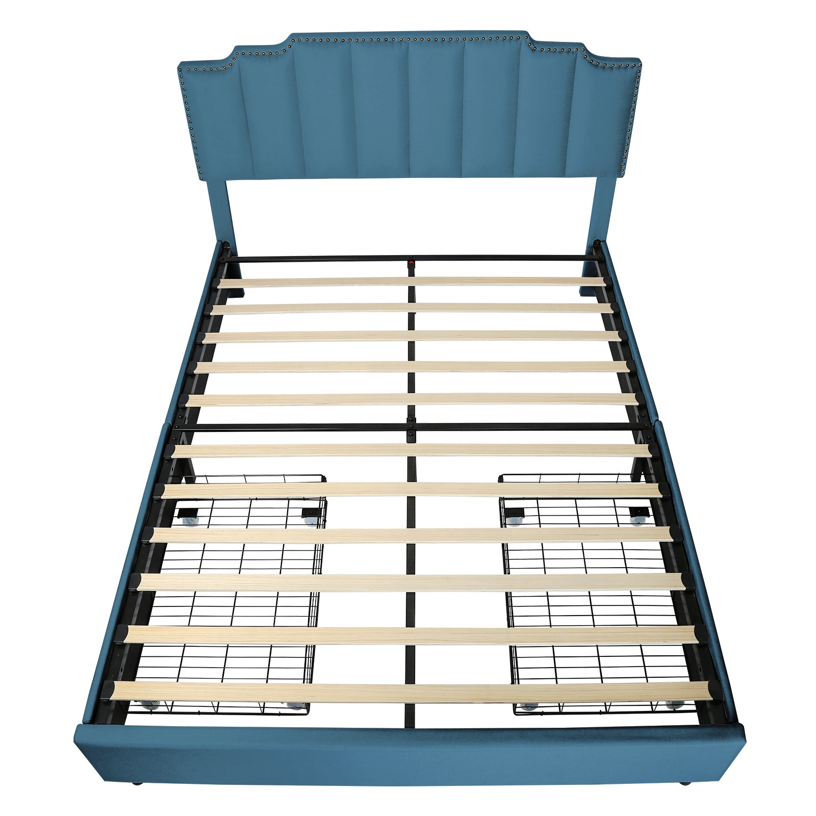 Queen Size Upholstered Platform Bed Linen Bed Frame with 2 Drawers Stitched Padded Headboard with Rivets Design Strong Bed Slats System No Box Spring Needed Blue - Atlantic Fine Furniture Melbourne FL