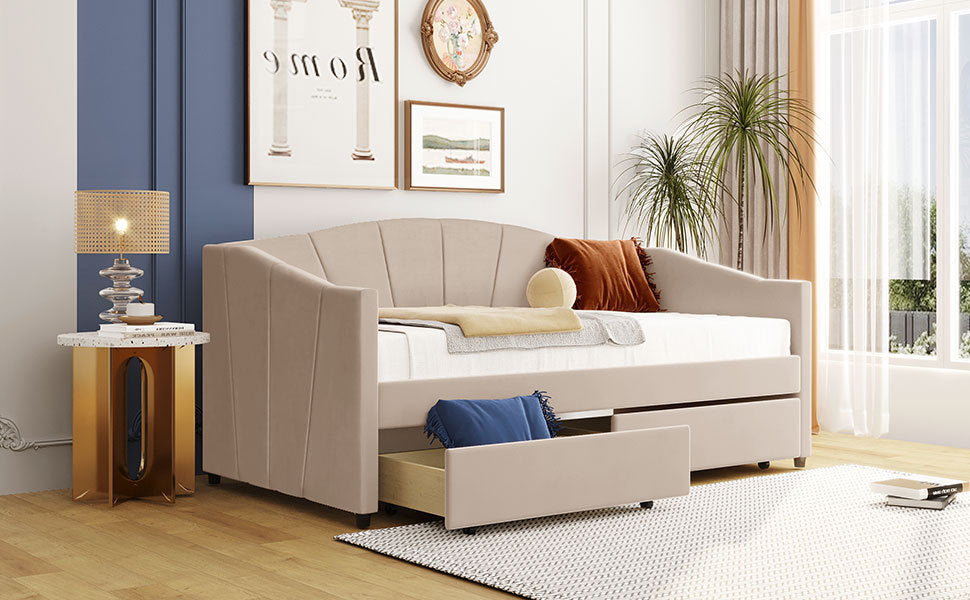 Upholstered daybed Twin Size with Two Drawers and Wood Slat ,Beige - Atlantic Fine Furniture Melbourne FL