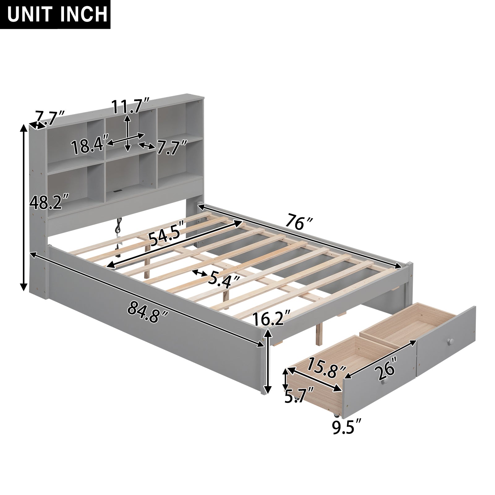 Full Size Platform Bed with Storage Headboard, Charging Station and 2 Drawers, Gray - Atlantic Fine Furniture Melbourne FL