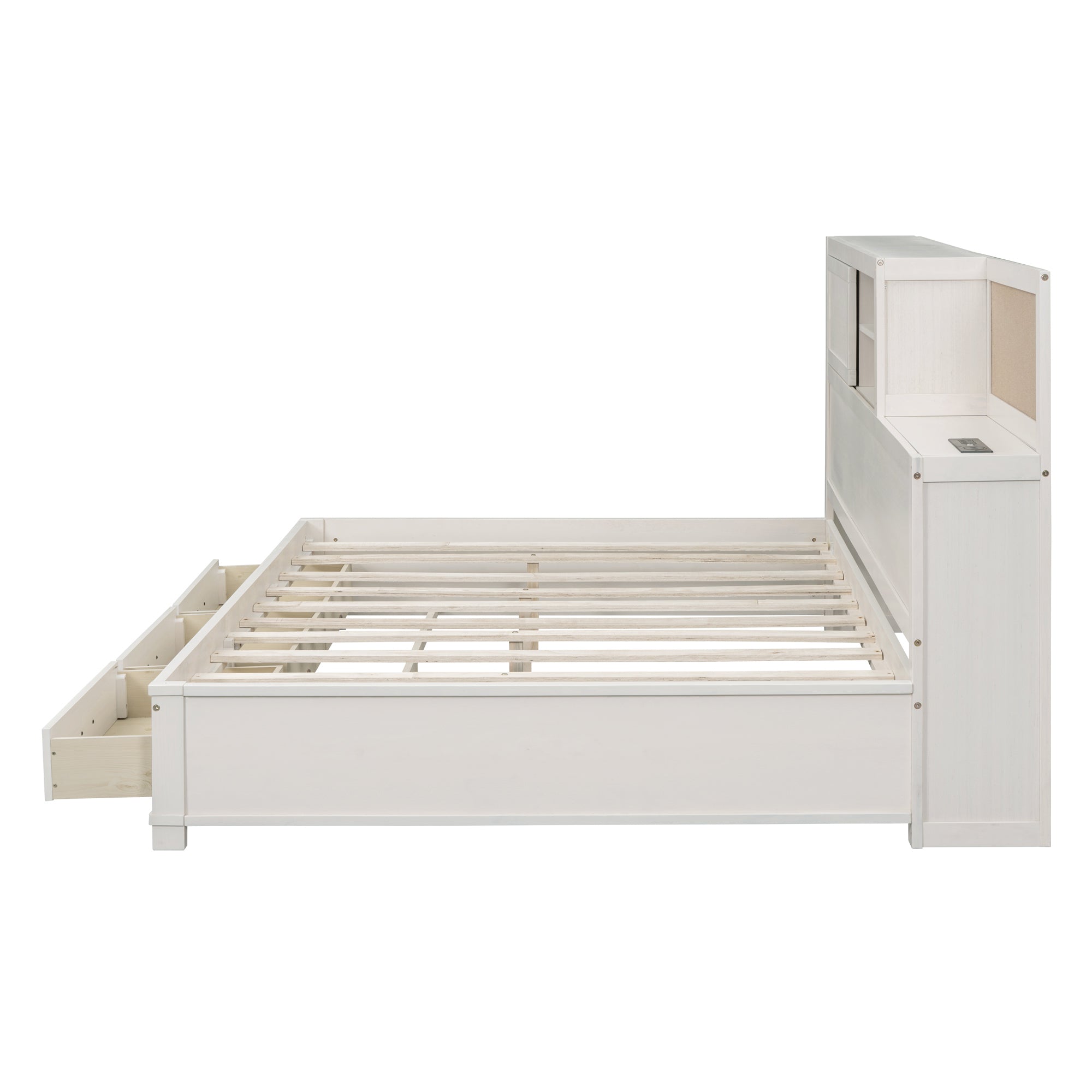 Full Size Wooden Daybed with 3 Storage Drawers, Upper Soft Board, shelf, and a set of Sockets and USB Ports, White - Atlantic Fine Furniture Melbourne FL