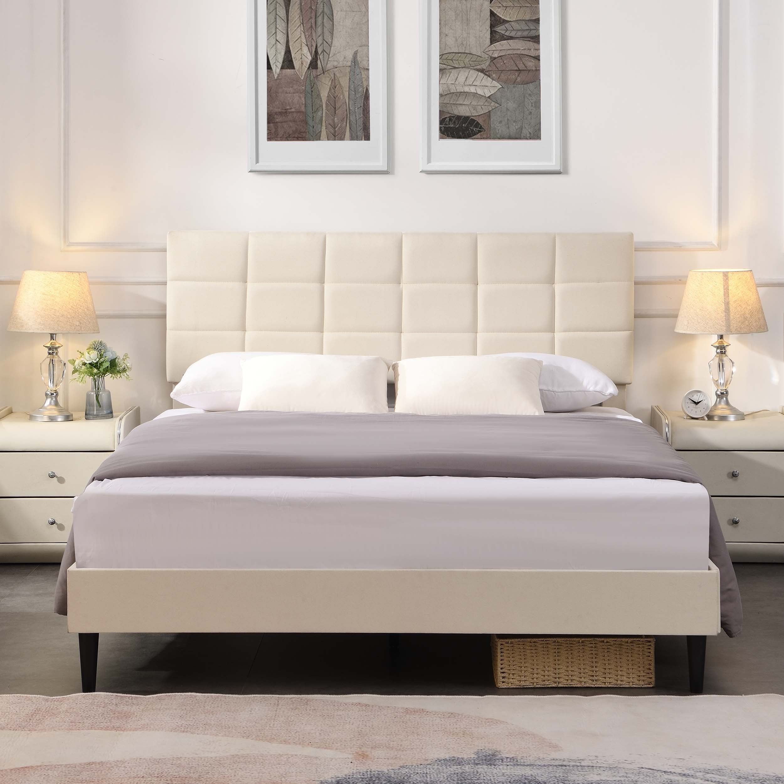 Full Size Platform Bed Frame with Fabric Upholstered Headboard and Wooden Slats, No Box Spring Needed/Easy Assembly, Beige - Atlantic Fine Furniture Melbourne FL