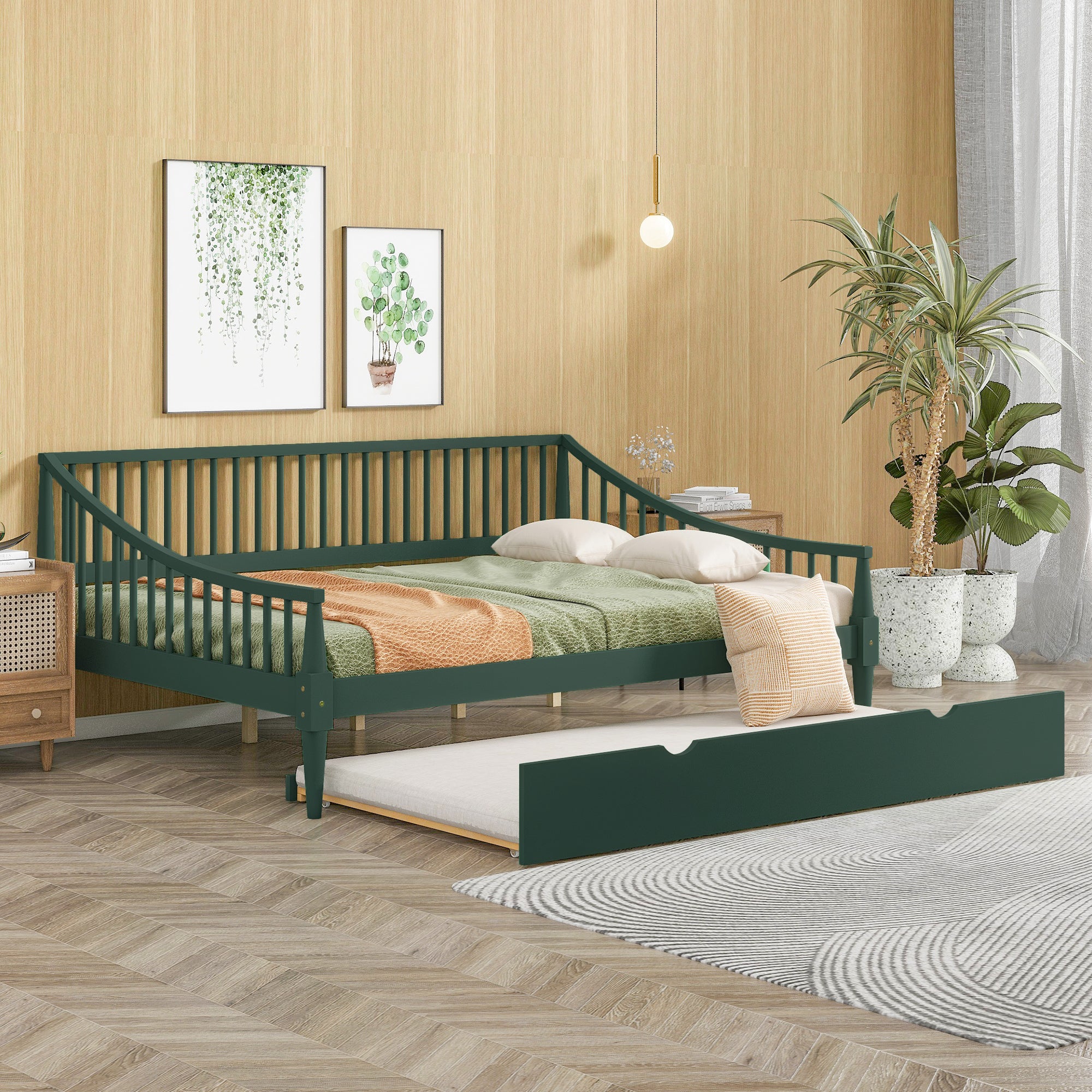 Full Size Daybed with Trundle and Support Legs, Green