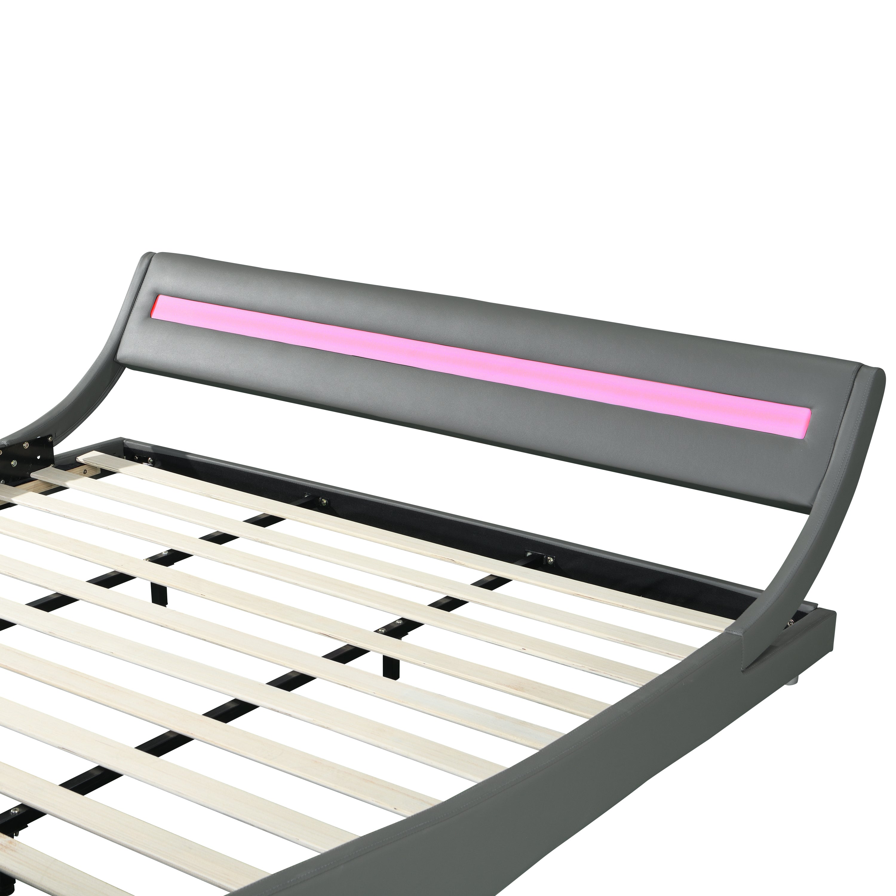 Faux Leather Upholstered Platform Bed Frame with led lighting , Curve Design, Wood Slat Support, No Box Spring Needed, Easy Assemble, King Size, Gray - Atlantic Fine Furniture Melbourne FL