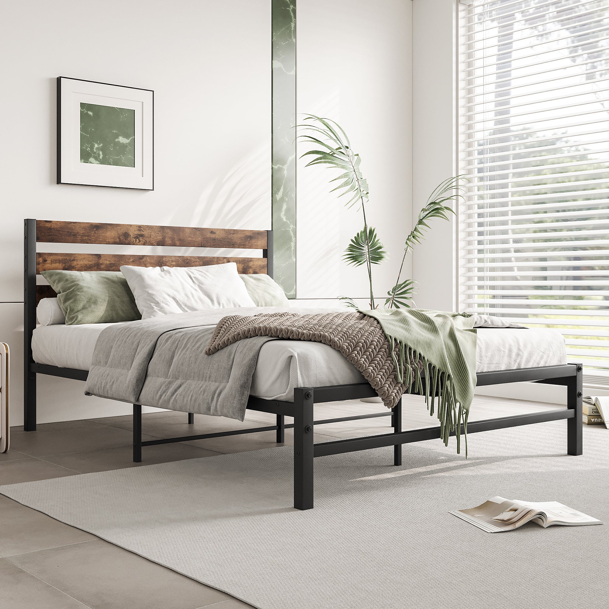 Full Size Platform Bed Frame with Rustic Vintage Wood Headboard, Strong Metal Slats Support Mattress Foundation, No Box Spring Needed Rustic Brown - Atlantic Fine Furniture Melbourne FL