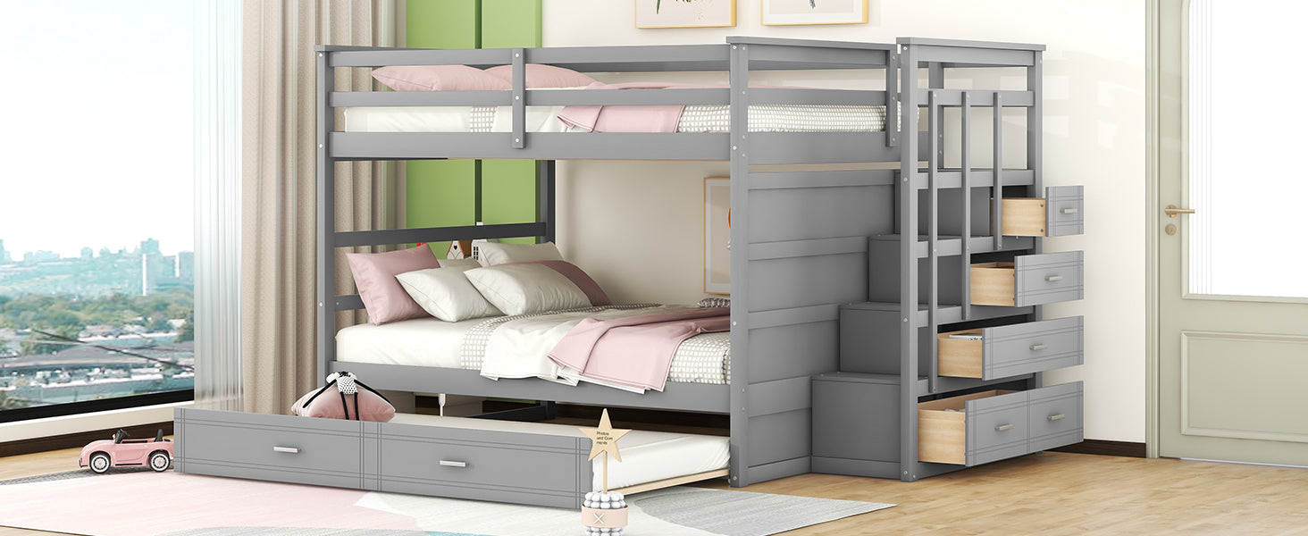 Full Over Full Bunk Bed with Twin Size Trundle and Staircase, Gray - Atlantic Fine Furniture Melbourne FL