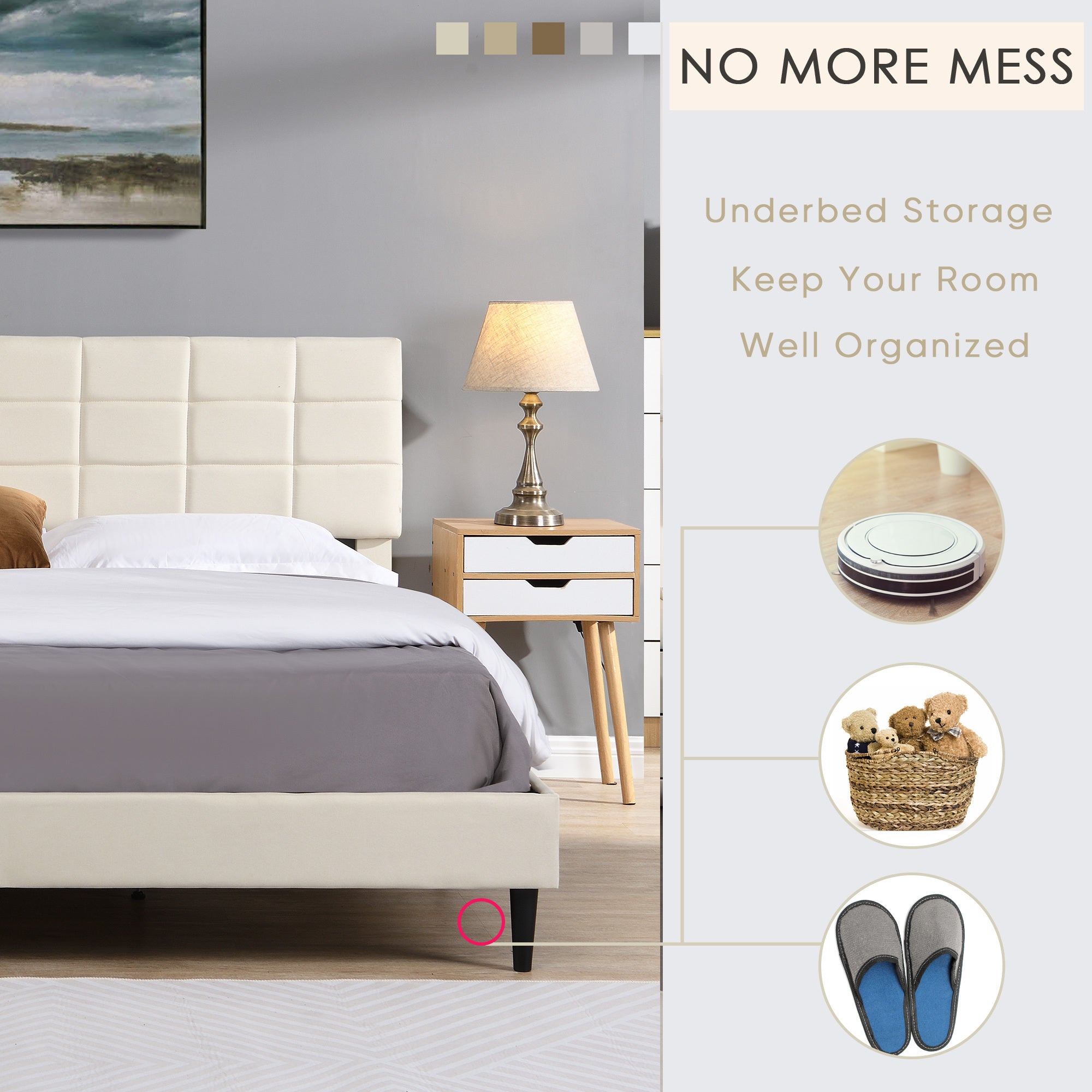 King Size Platform Bed Frame with Fabric Upholstered Headboard and Wooden Slats, No Box Spring Needed/Easy Assembly, Dark Beige - Atlantic Fine Furniture Melbourne FL