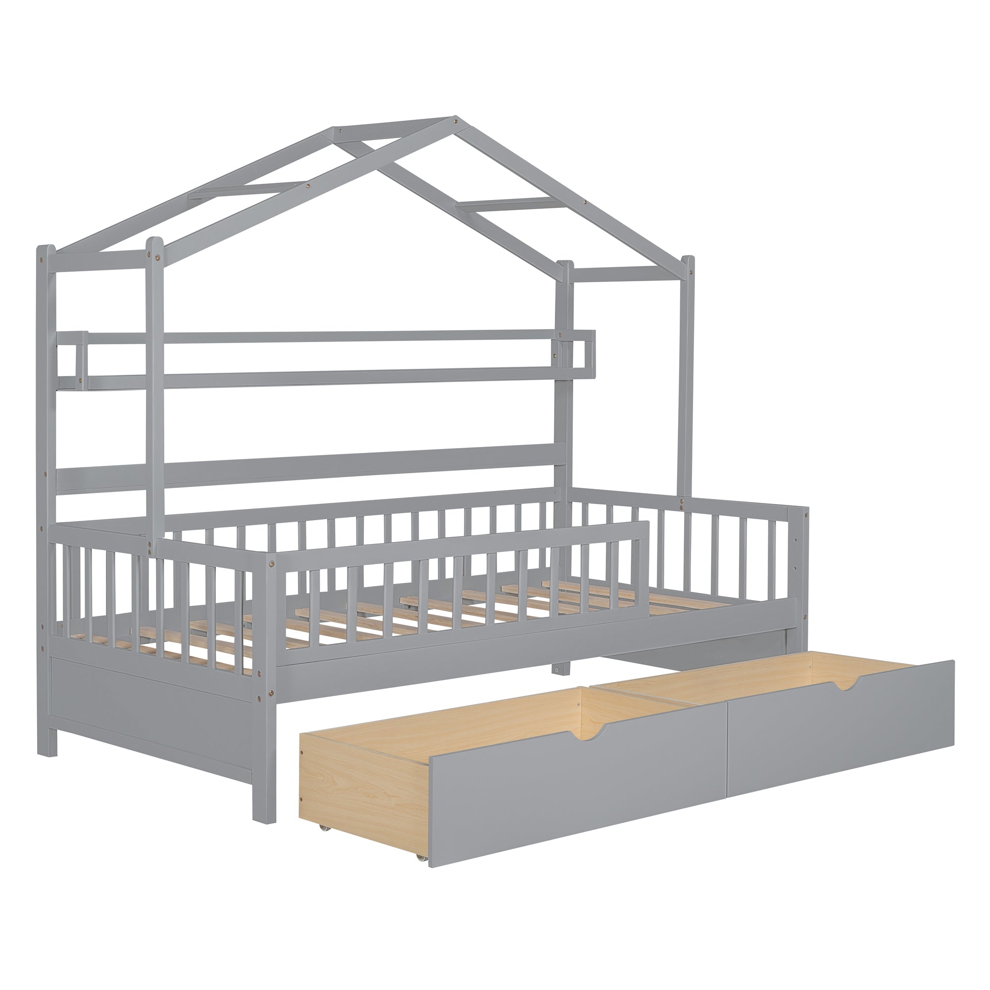 Wooden Twin Size House Bed with 2 Drawers,Kids Bed with Storage Shelf, Gray - Atlantic Fine Furniture Melbourne FL