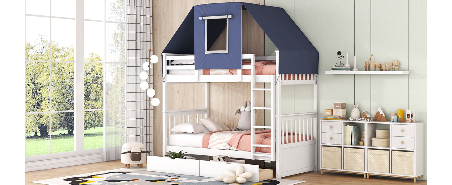 Twin Over Twin Bunk Bed Wood Bed with Tent and Drawers, White+Blue Tent - Atlantic Fine Furniture Melbourne FL