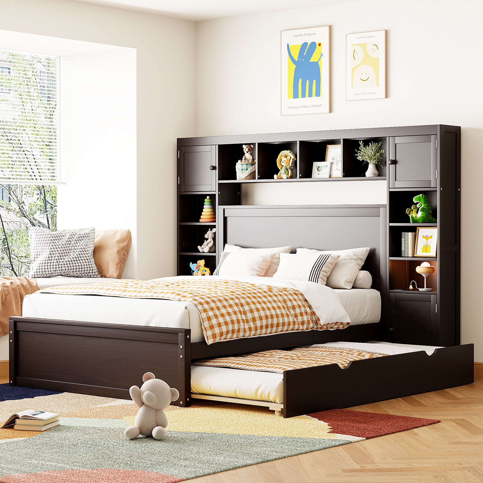 Full Size Wooden Bed With All-in-One Cabinet, Shelf and Sockets, Espresso - Atlantic Fine Furniture Melbourne FL