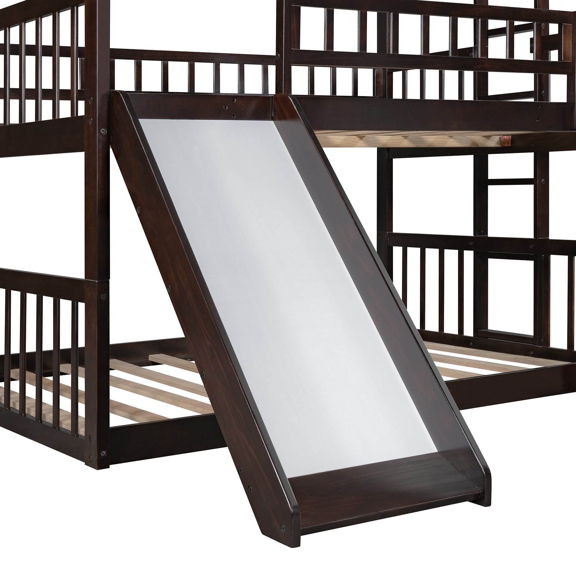 Full-Over-Full-Over-Full Triple Bed with Built-in Ladder and Slide , Triple Bunk Bed with Guardrails, Espresso(OLD SKU :LP000052AAP) - Atlantic Fine Furniture Melbourne FL