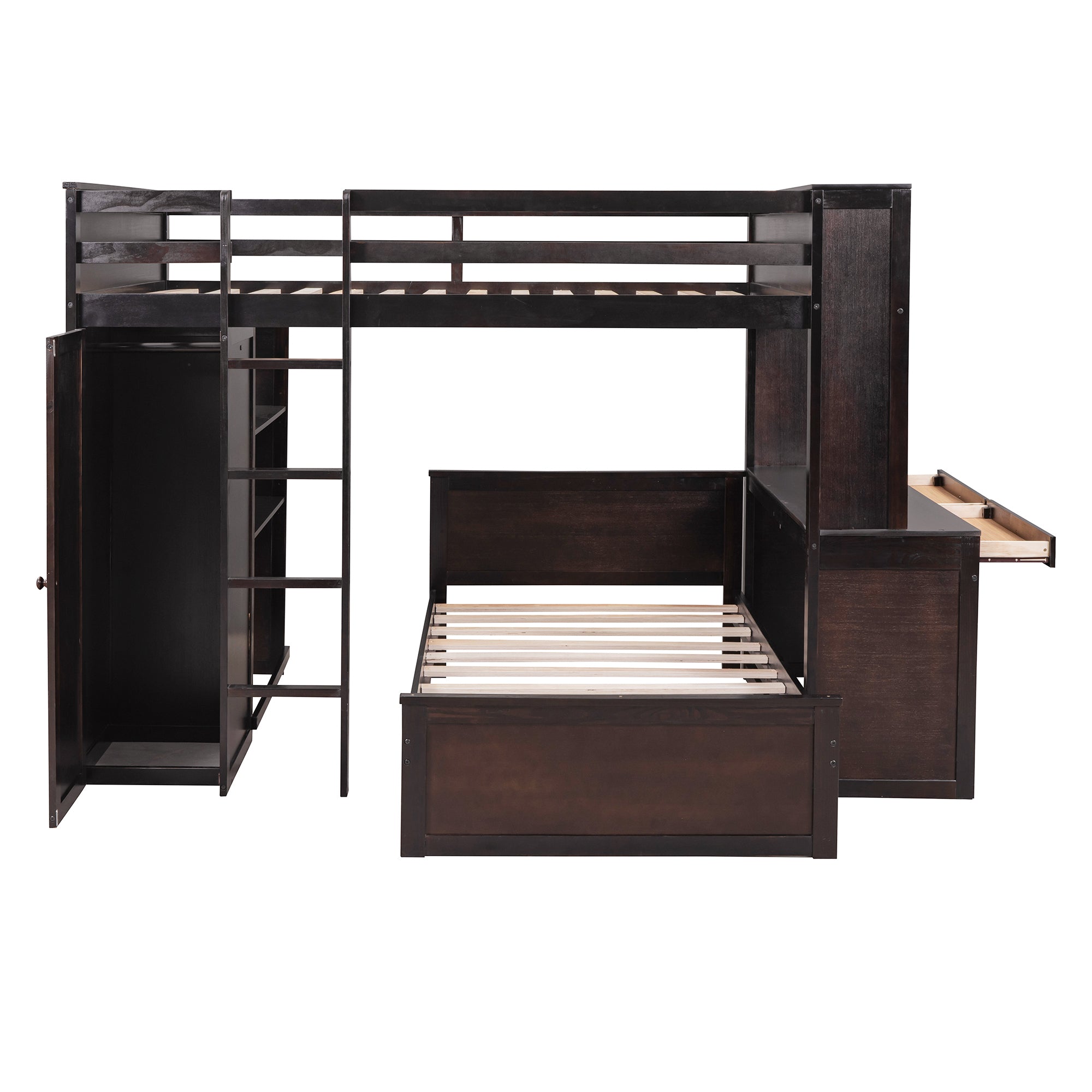 Full size Loft Bed with a twin size Stand-alone bed, Shelves,Desk,and Wardrobe-Espresso - Atlantic Fine Furniture Melbourne FL