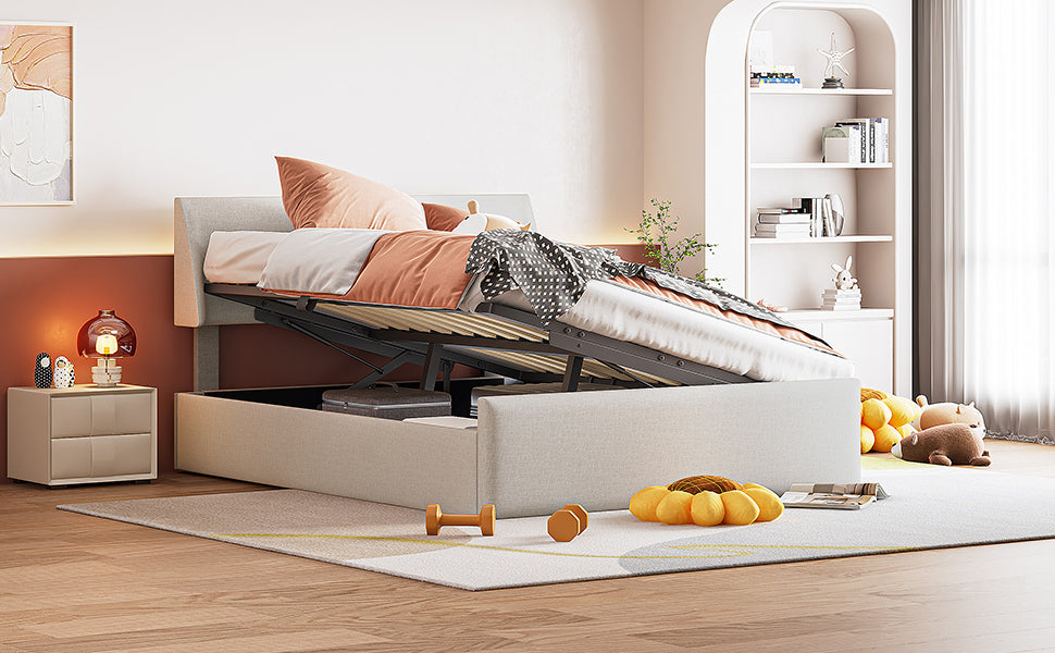 Queen Size Sleigh Bed with Side-Tilt Hydraulic Storage System, Linen Upholstery, Beige - Atlantic Fine Furniture Melbourne FL