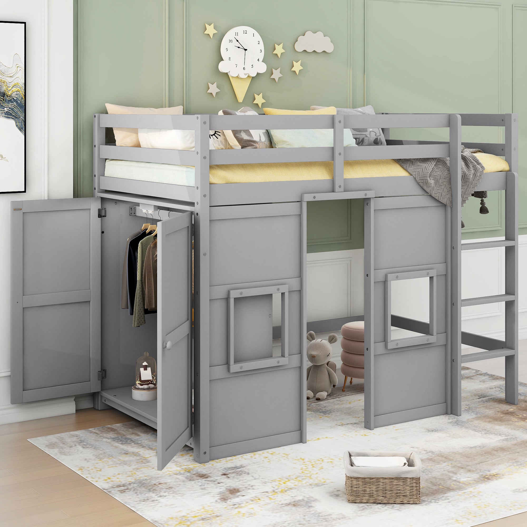 Wood Twin Size Loft Bed with Built-in Storage Wardrobe and 2 Windows, Gray - Atlantic Fine Furniture Melbourne FL