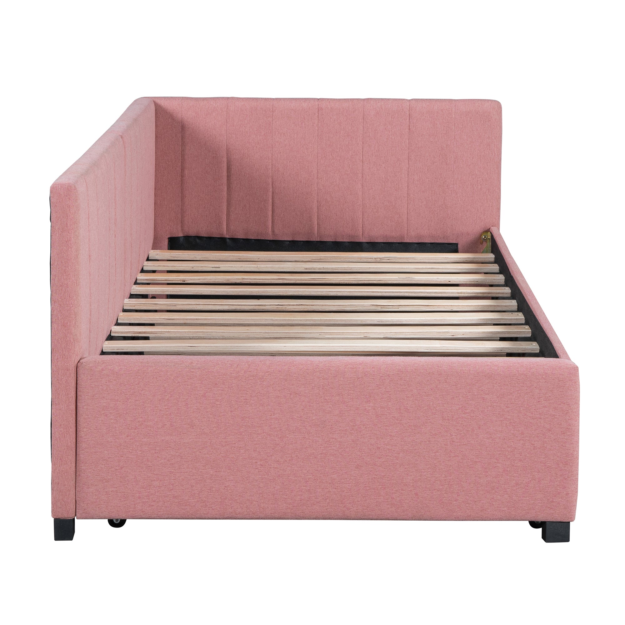 Upholstered Daybed with Trundle Twin Size Sofa Bed Frame No Box Spring Needed, Linen Fabric(Pink) - Atlantic Fine Furniture Melbourne FL