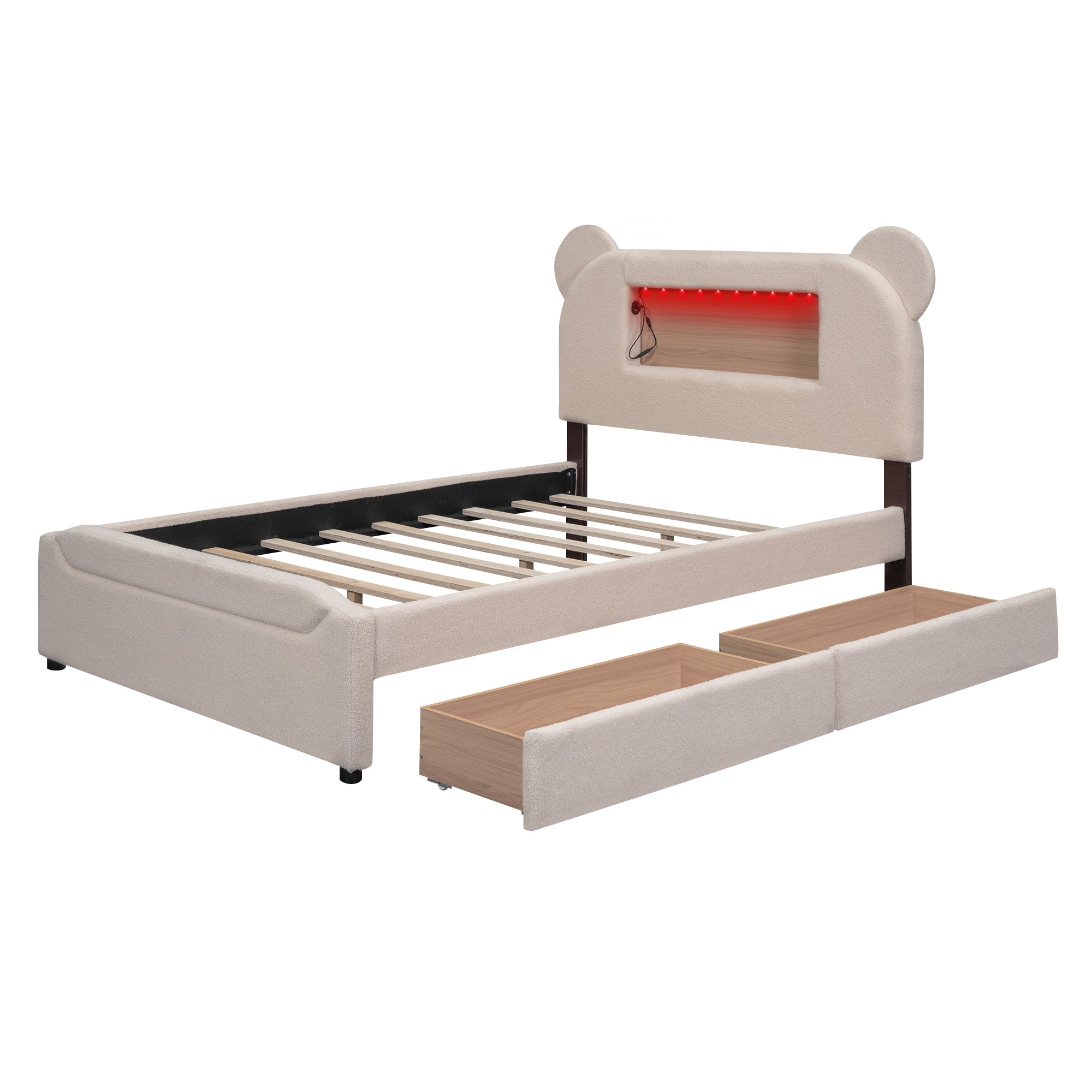 Full Size Upholstered Storage Platform Bed with Cartoon Ears Shaped Headboard, LED and USB, Beige - Atlantic Fine Furniture Melbourne FL